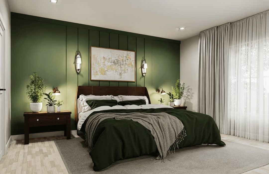 Forest Green Walls and Dark Bedding That Make the Room Feel Like an Escape