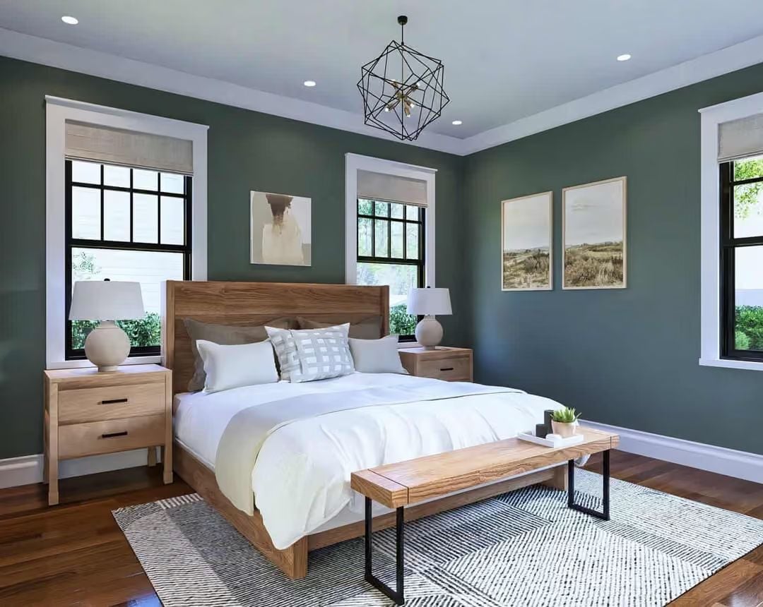 Sage Walls and Warm Wood Pull This Bedroom Out of "Basic" Territory