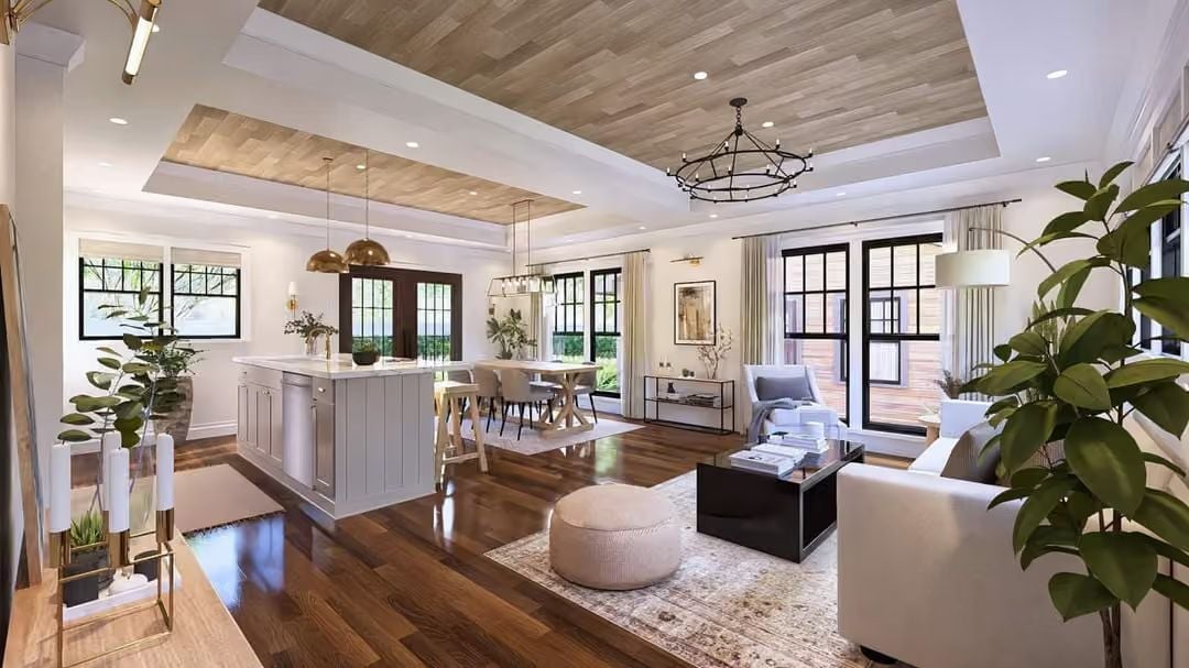 Wood Ceiling, Brass Pendants, and an Island That Knows What It's Doing