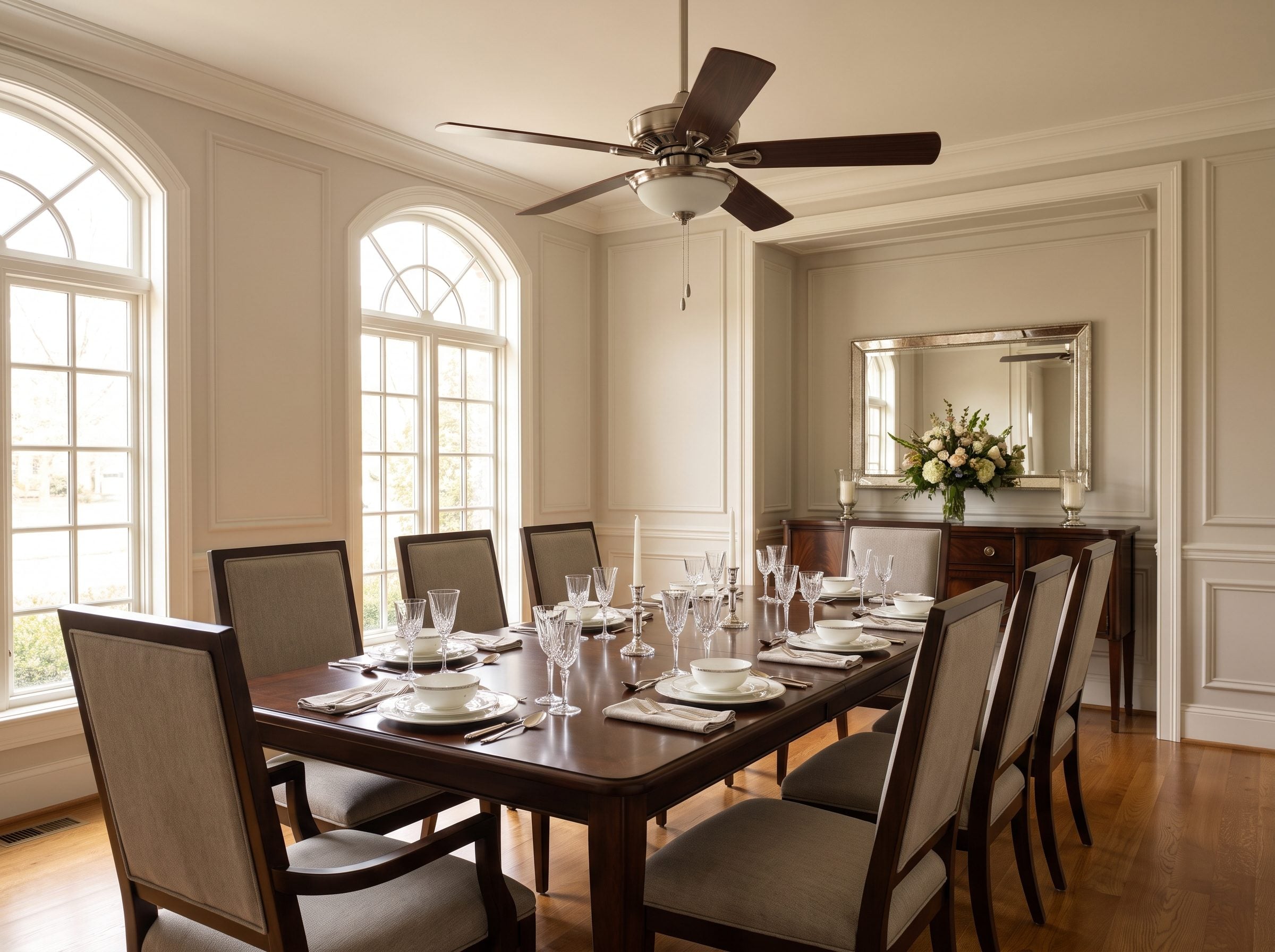 Dining room with a matte black fandelier centered above a walnut table, its light drum about 34 inches above the tabletop