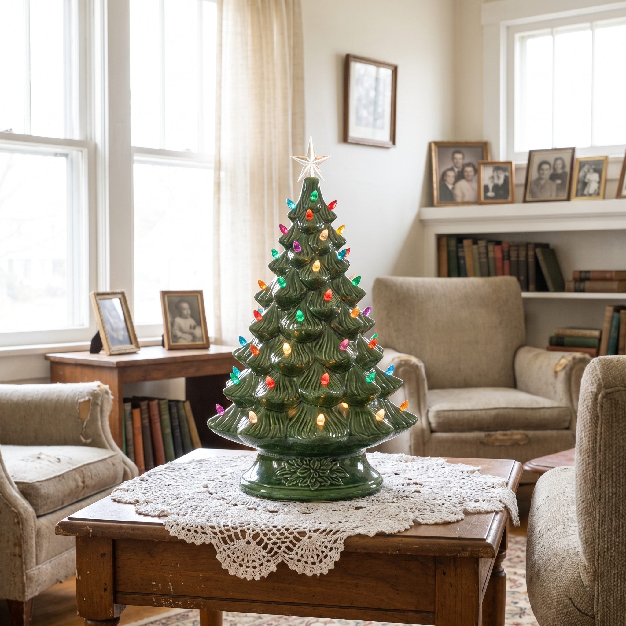 A Ceramic Christmas Tree Glowing From a Side Table