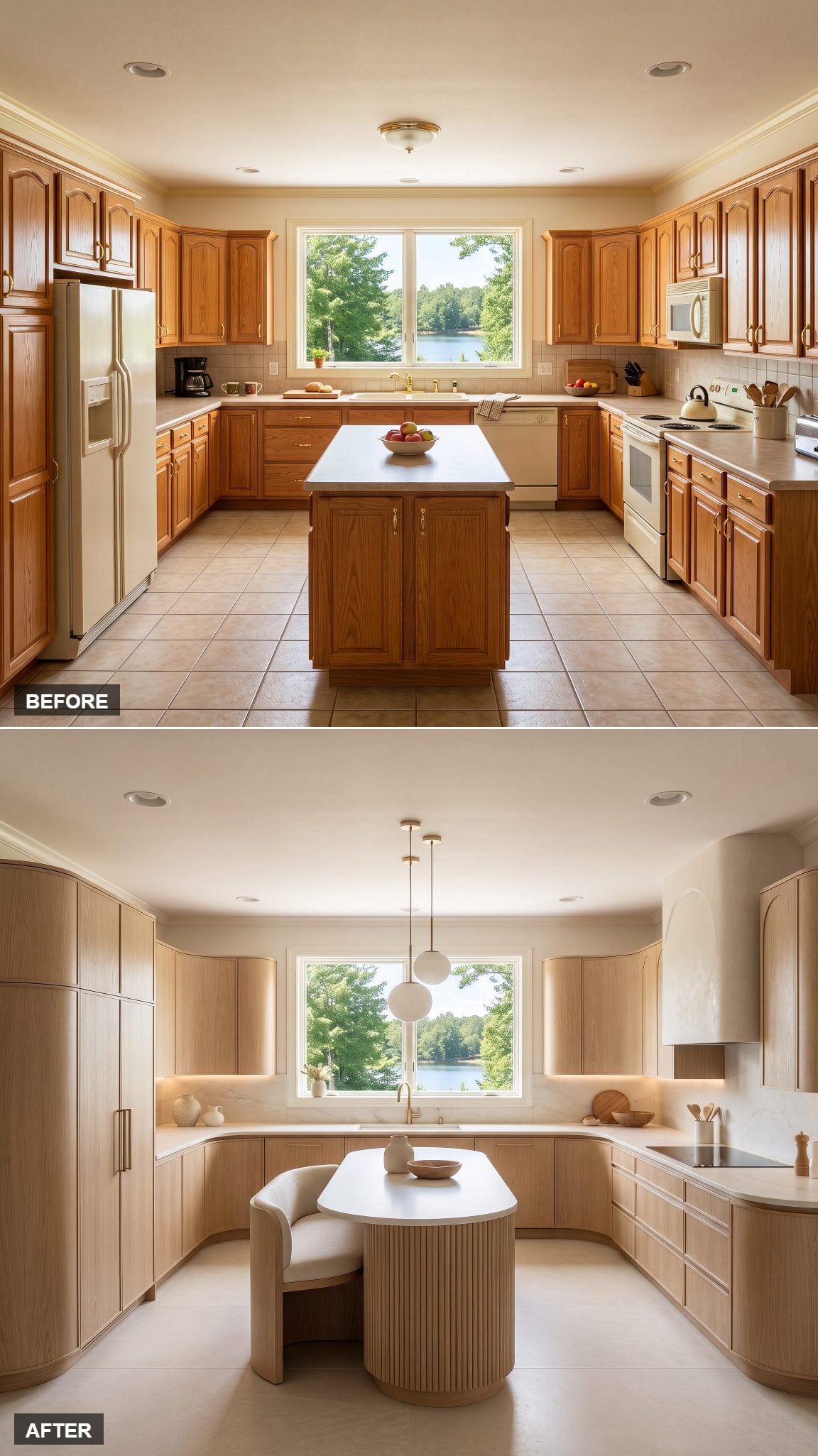 Ivory kitchen with champagne oak cabinetry and a curved island