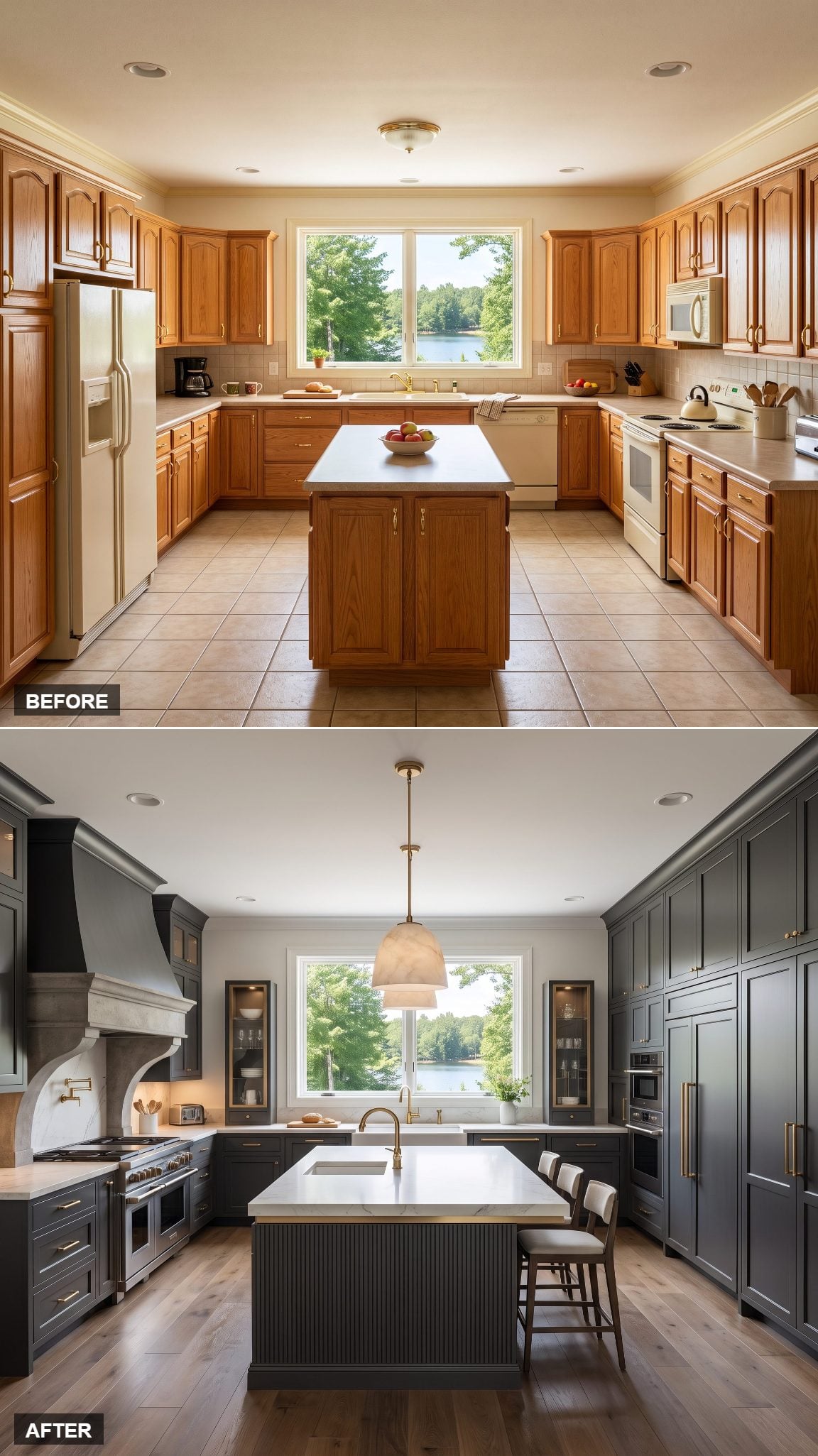 Modern kitchen with full-height charcoal cabinetry and champagne brass hardware