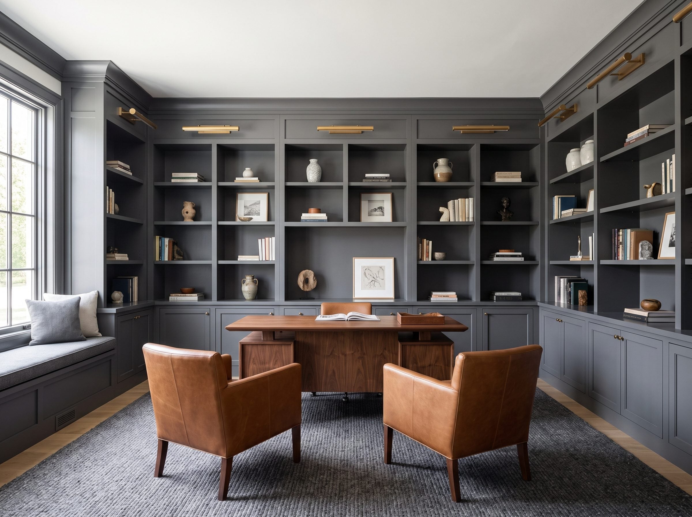 Home library with charcoal built-in bookcases covering the full wall floor to ceiling, a walnut writing desk and two cognac