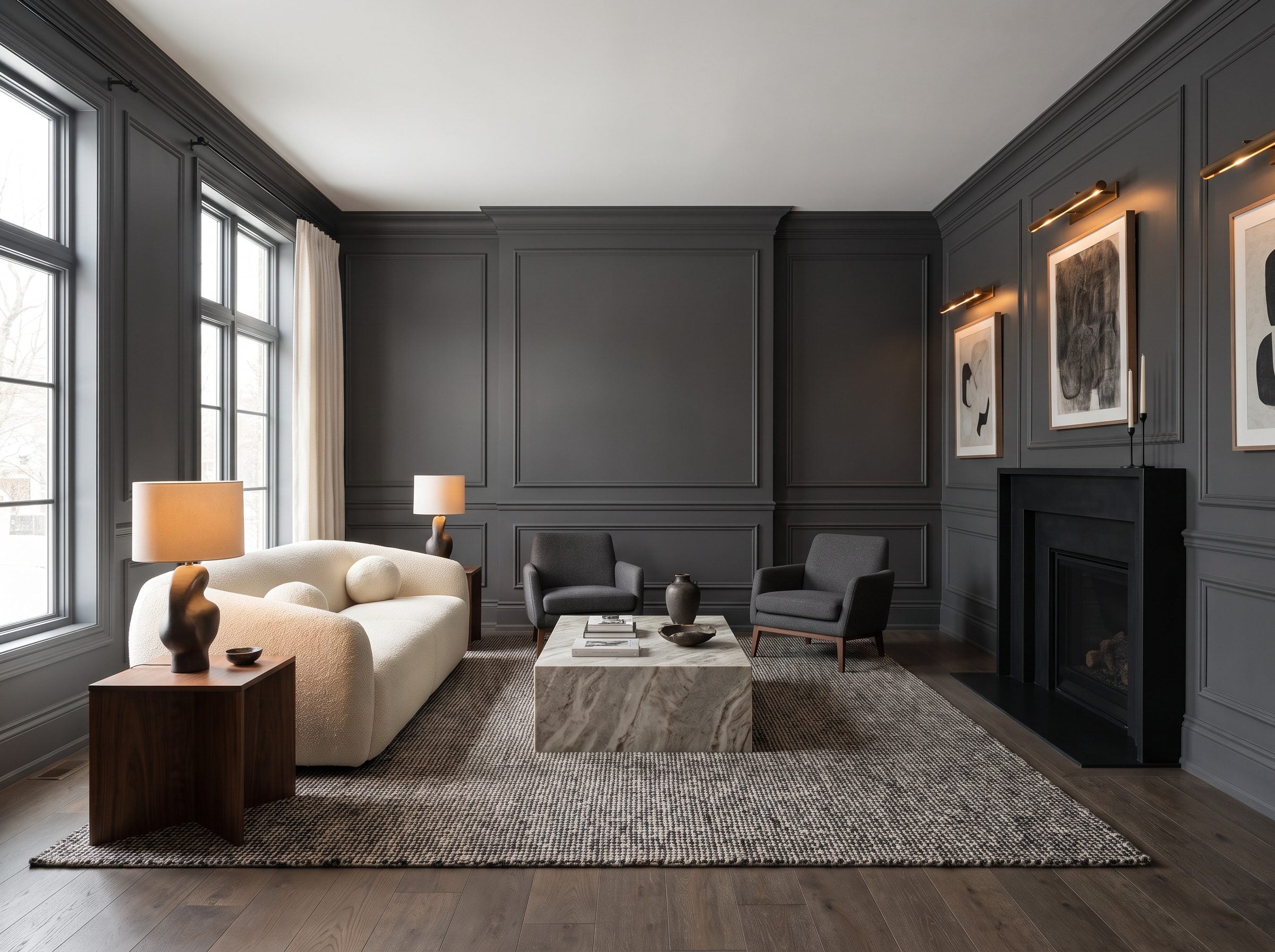 Charcoal-walled living room with a cream bouclé sofa centered against the dark wall and a stone coffee table on a wool rug