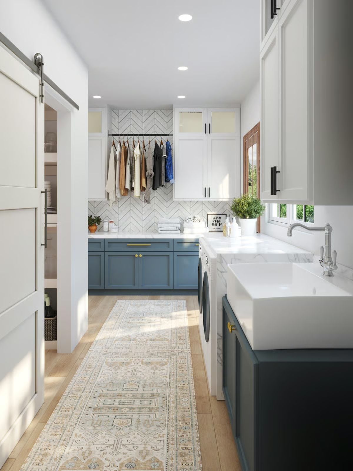 Clothing Rod, Chevron Tile, and Blue Cabinetry That Make Laundry Feel Less Like a Chore