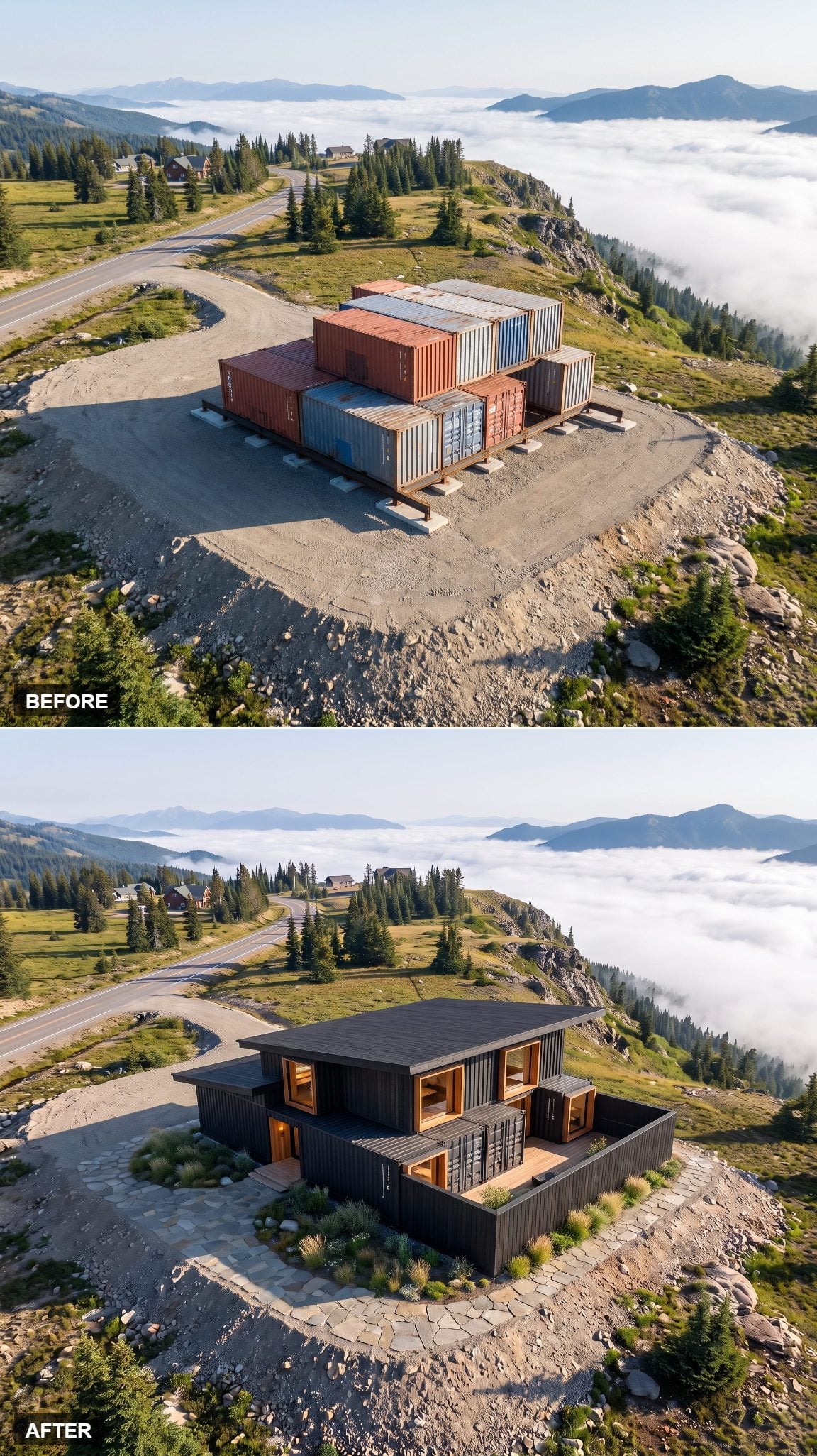 Mountain container house concept wrapped in black timber cladding