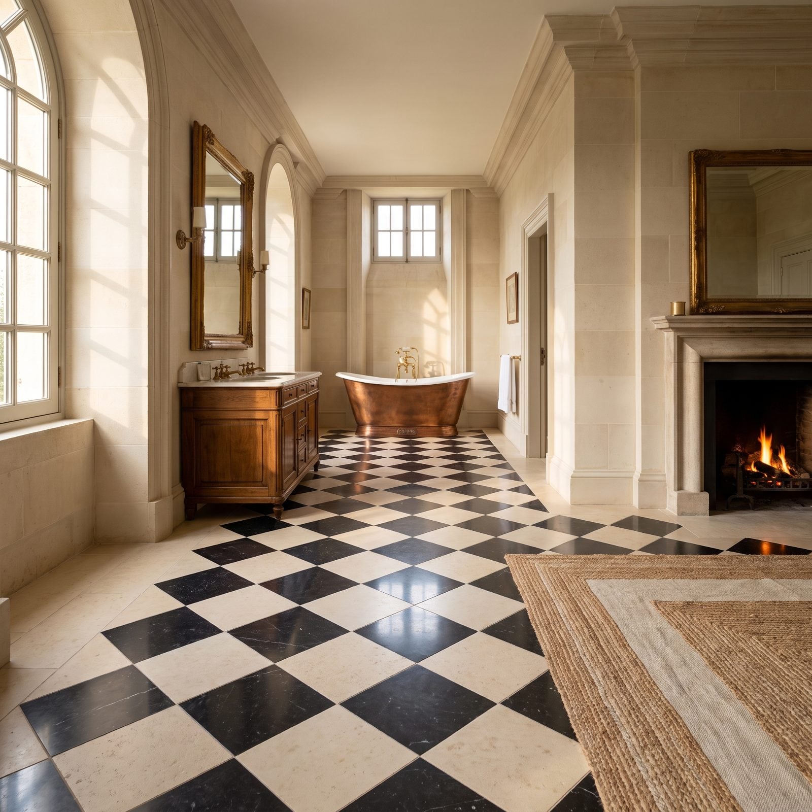 Checkerboard Floor in Cream Limestone and Black Marble