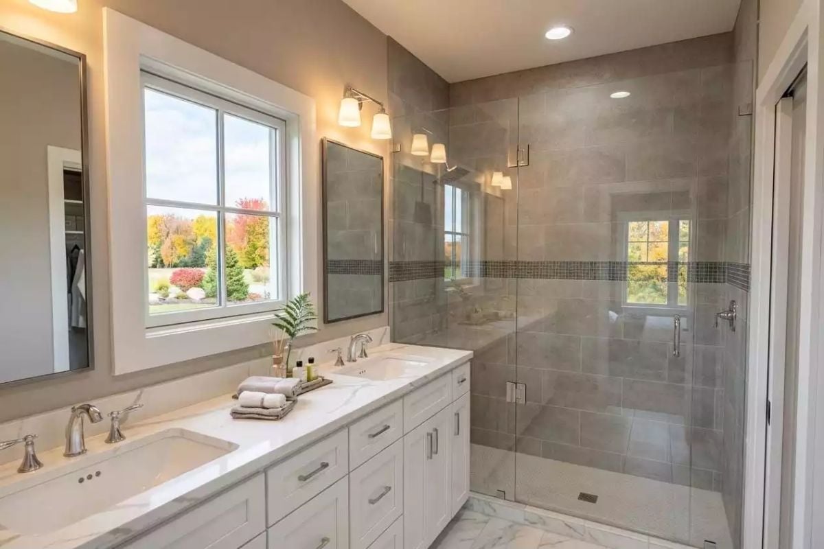 Frameless Glass Shower and Double Vanity Doing the Heavy Lifting in Here
