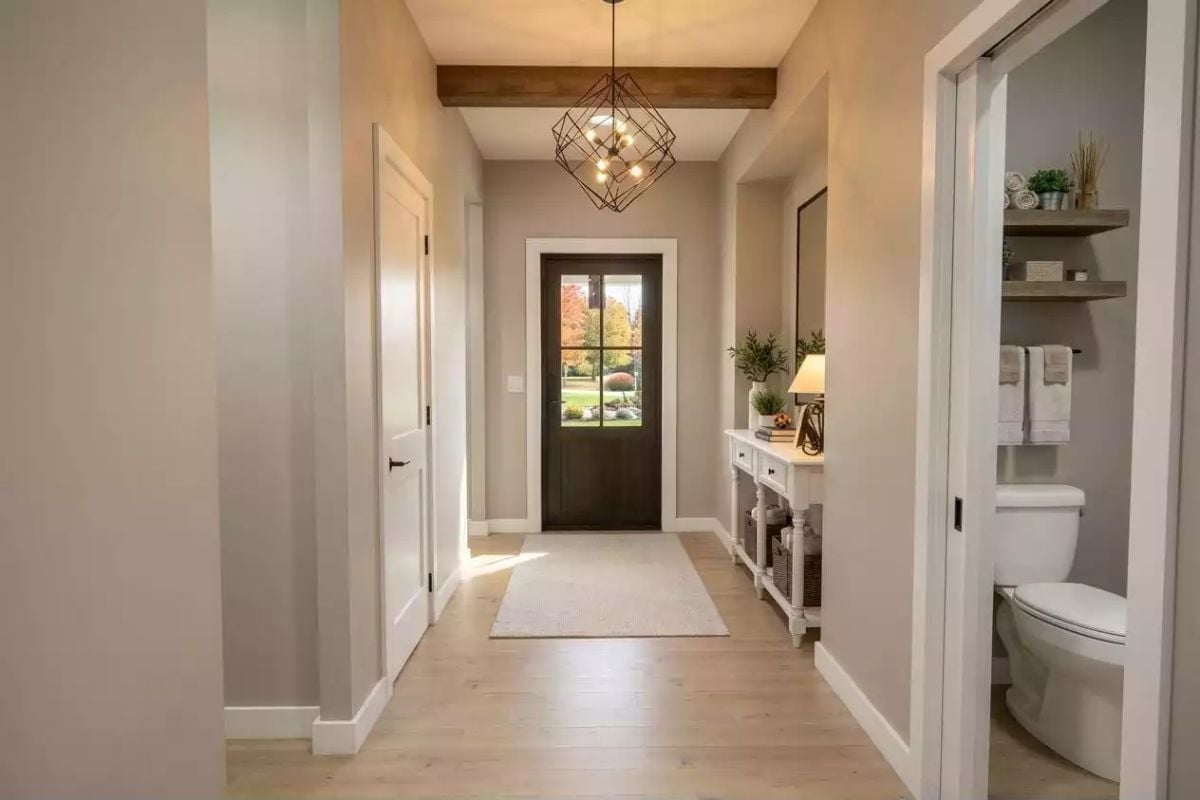 Geometric Chandelier and Exposed Beam Set the Tone Before You're Even Inside