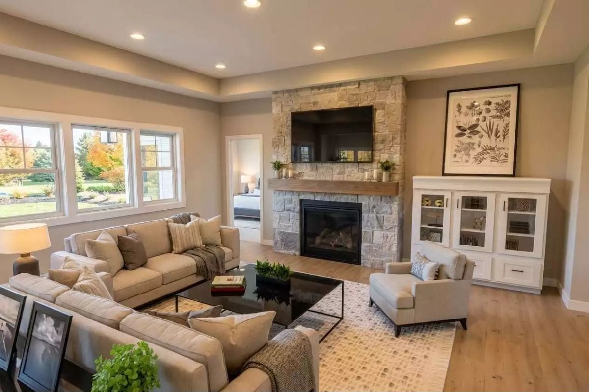 Stone Fireplace Wall Built to Be the Room's Anchor, Not an Afterthought