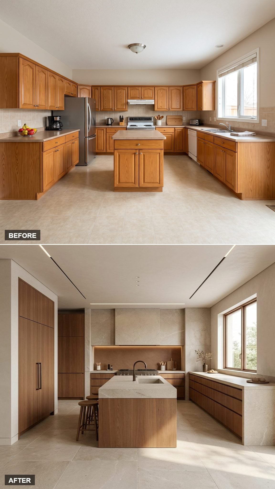 Chestnut and Limestone Warmth with a Sink-Island and Unbroken Window Wall