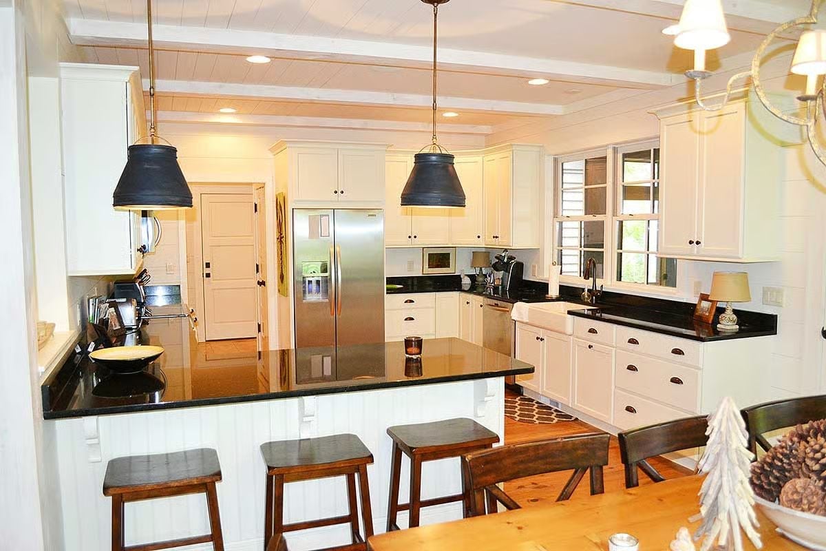 Farmhouse Sink, Black Granite, and Three Barstools That Mean Business