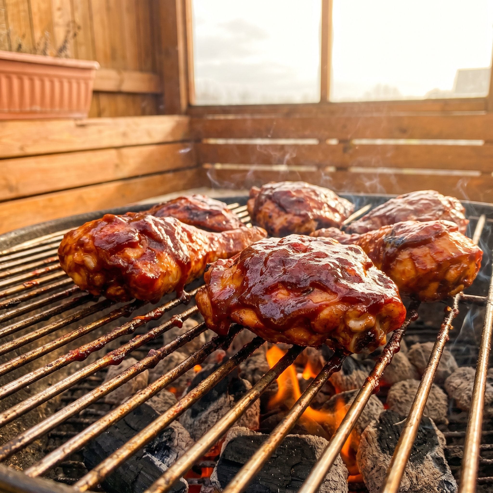 Chicken pieces coated with sticky barbecue sauce over charcoal