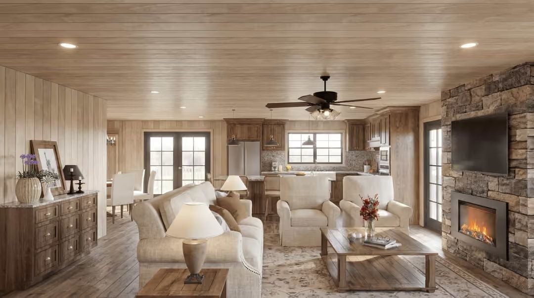 Stone Fireplace and Shiplap Ceiling Earn Their Keep in This Open-Plan Living Room