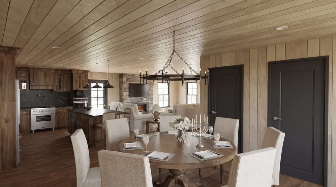 Wagon Wheel Chandelier and Round Dining Table Pull the Whole Room Into Focus