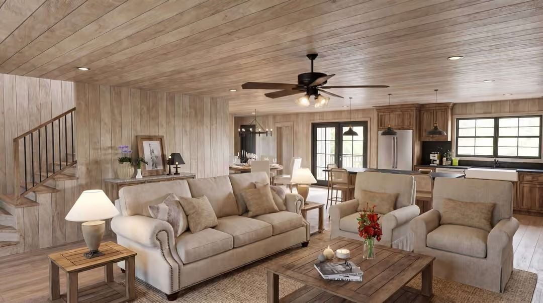 Whitewashed Wood Walls and Nailhead Sofas Set the Tone for Easy Farmhouse Living