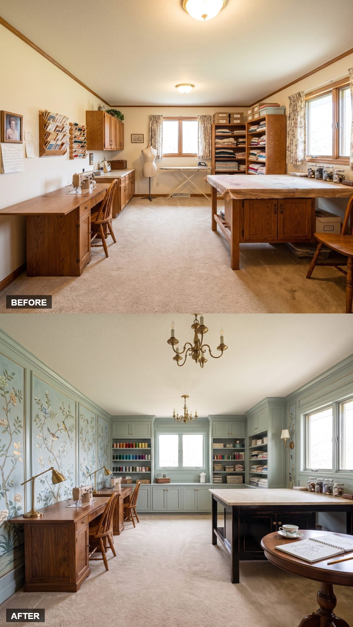 Chinoiserie-Inspired Sewing Room With Hand-Painted Botanical Panels
