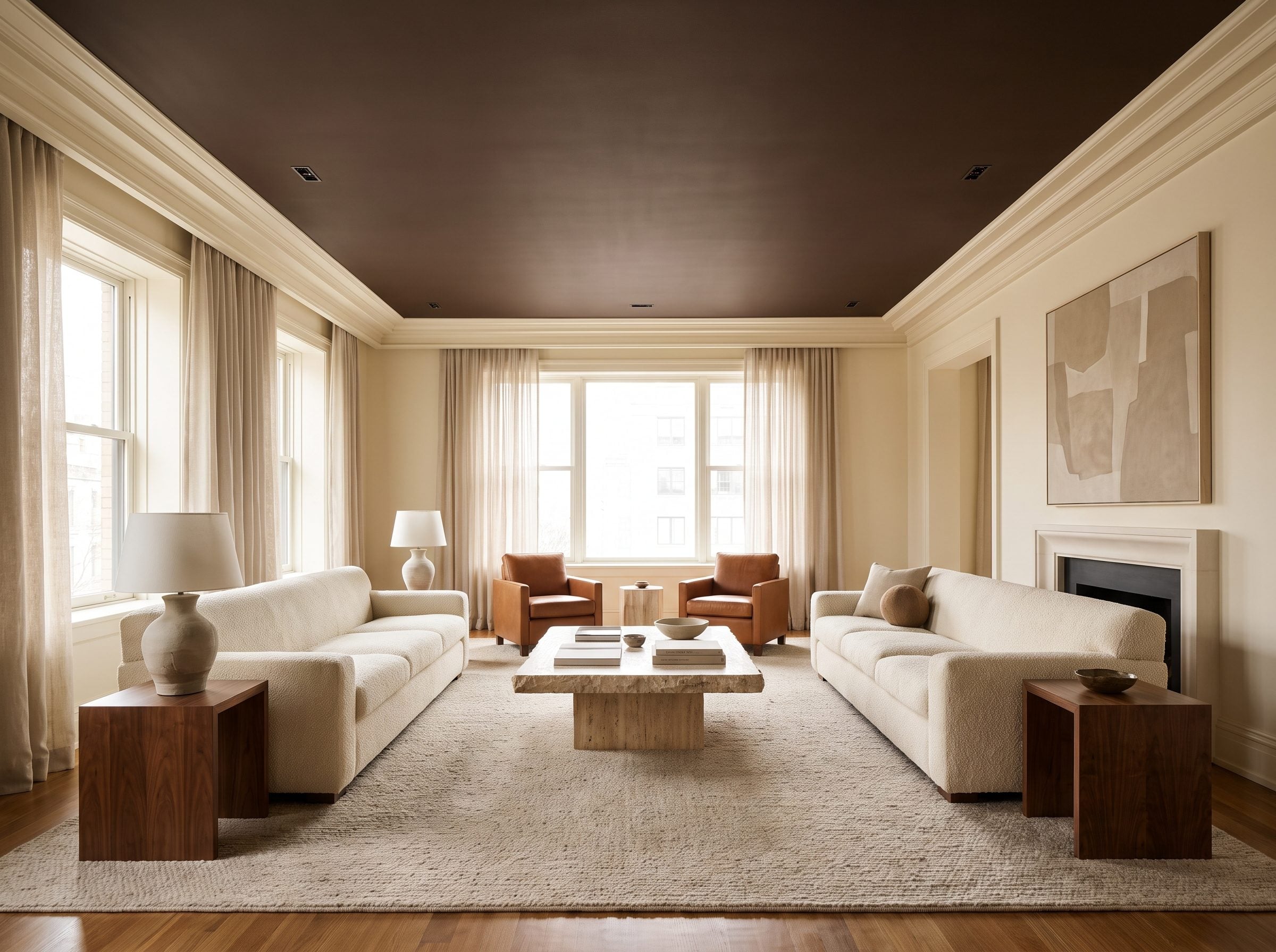 Living room with cream walls and a matte chocolate-brown ceiling separated by a band of white crown molding, lit by four