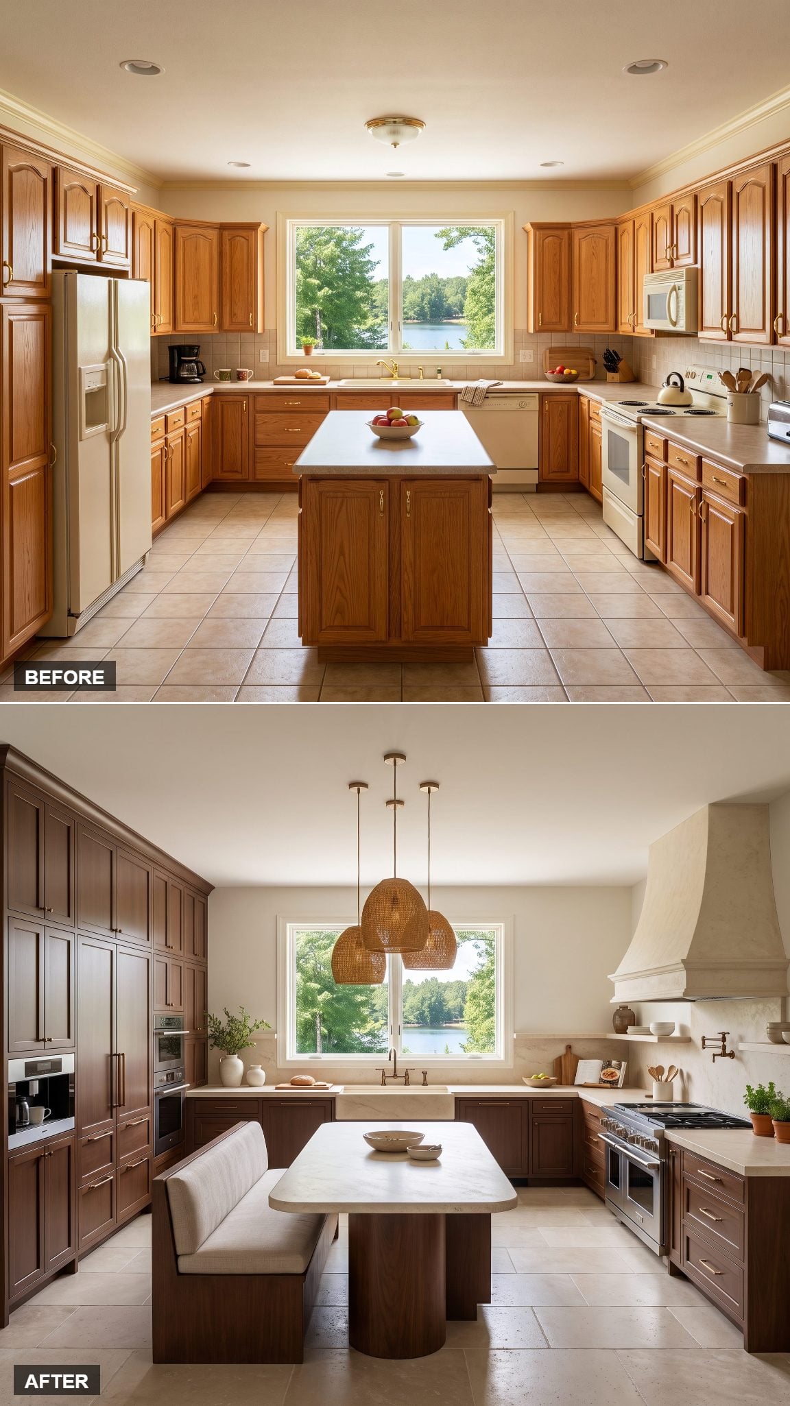 Warm modern kitchen with chocolate brown cabinetry, cream stone and bronze hardware