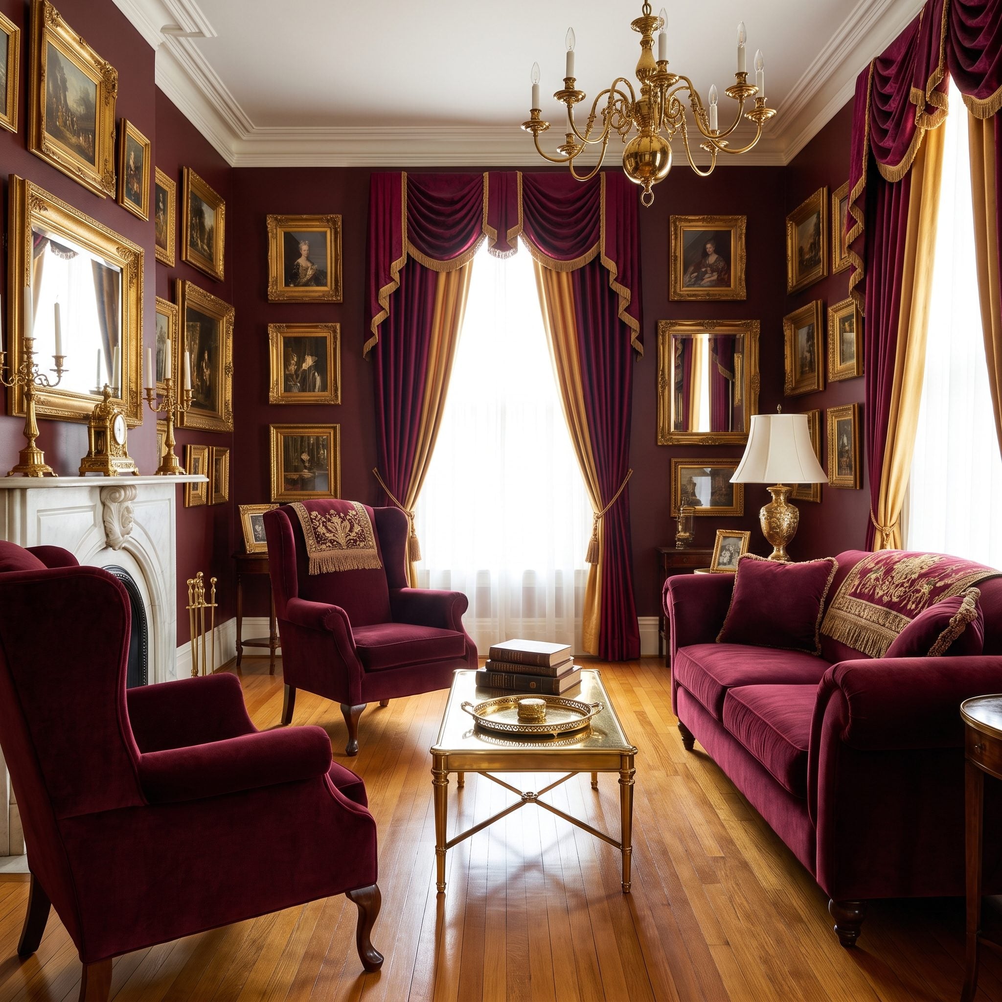 Oxblood living room with matching walls, trim, and ceiling around a cream sofa