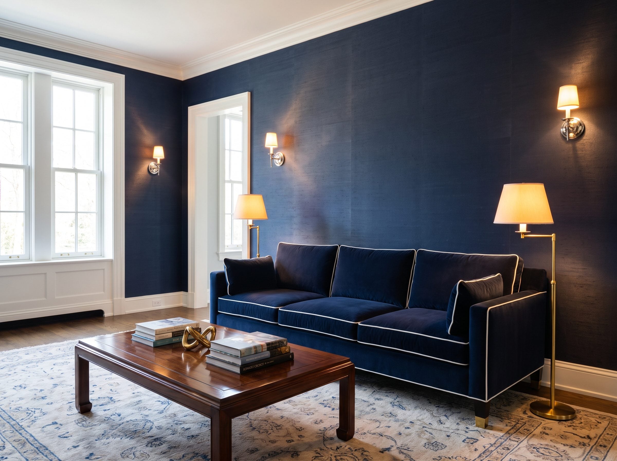 Small living room with deep green-navy walls, warm off-white trim, and a gray sofa