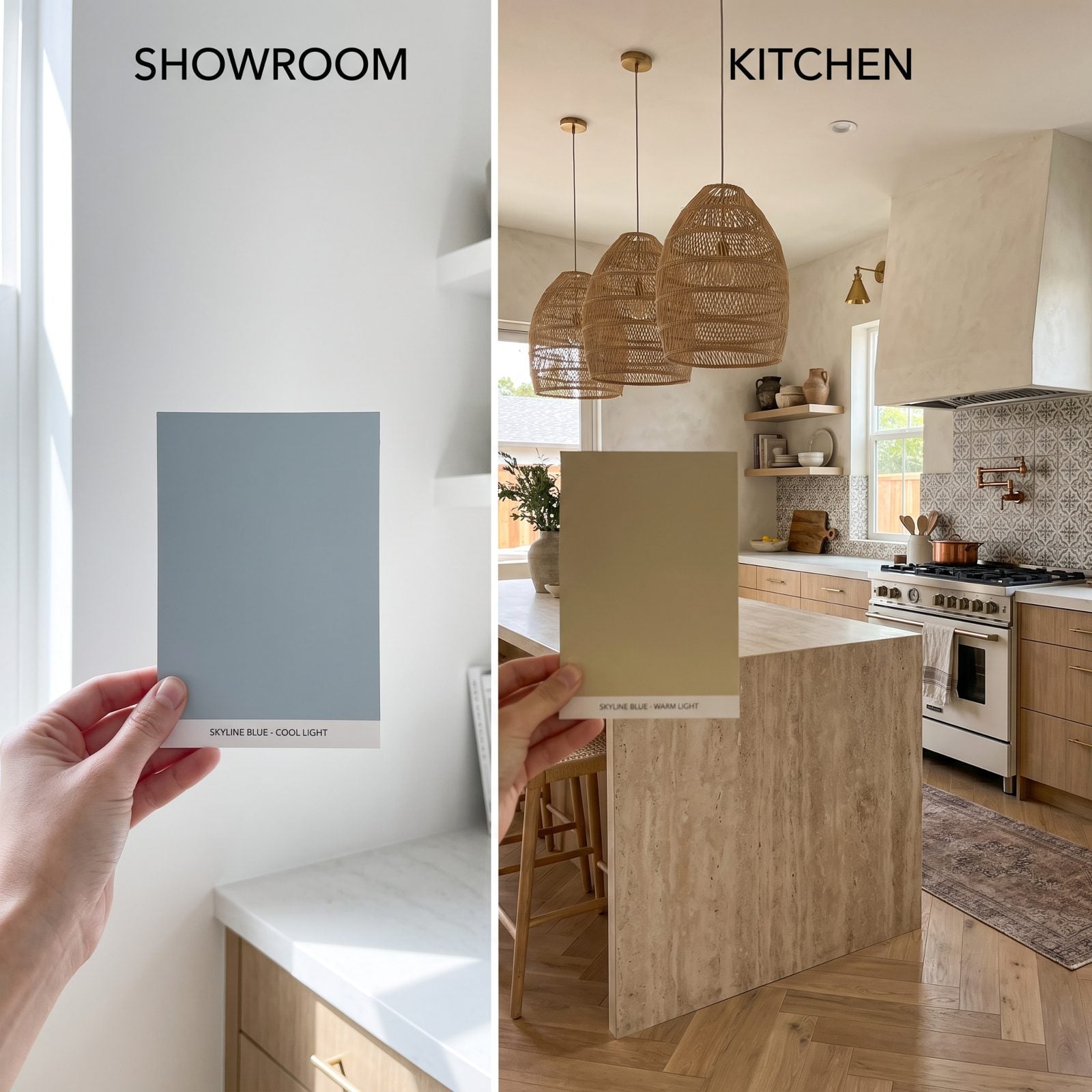Three large paint sample squares taped to cabinet doors showing how the greige shifts green under kitchen light.