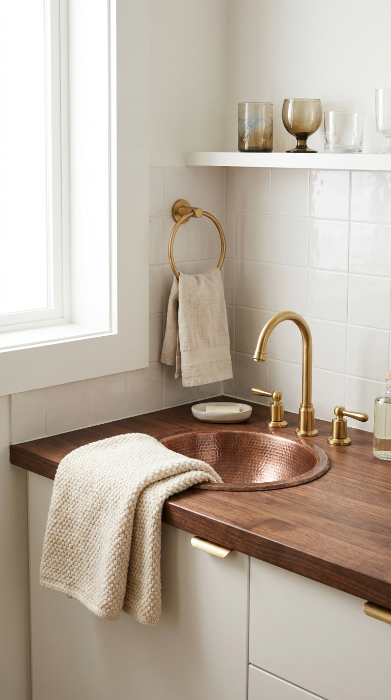 Cream laundry room with a small shallow decorative sink too narrow and shallow to soak a bulky sweater.