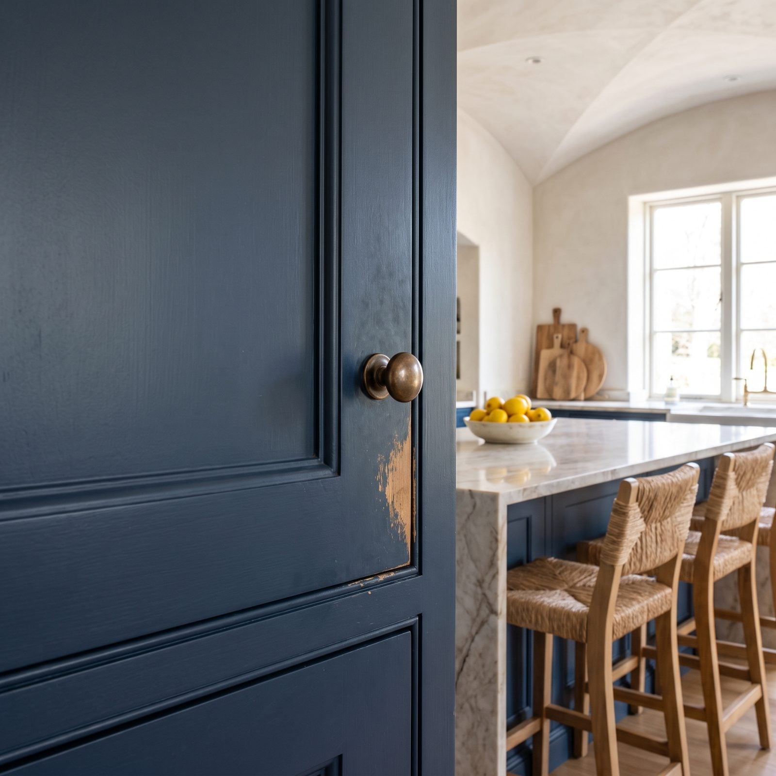 Lower cabinet doors with scuffed, smudged patches near the handles from flat wall paint.