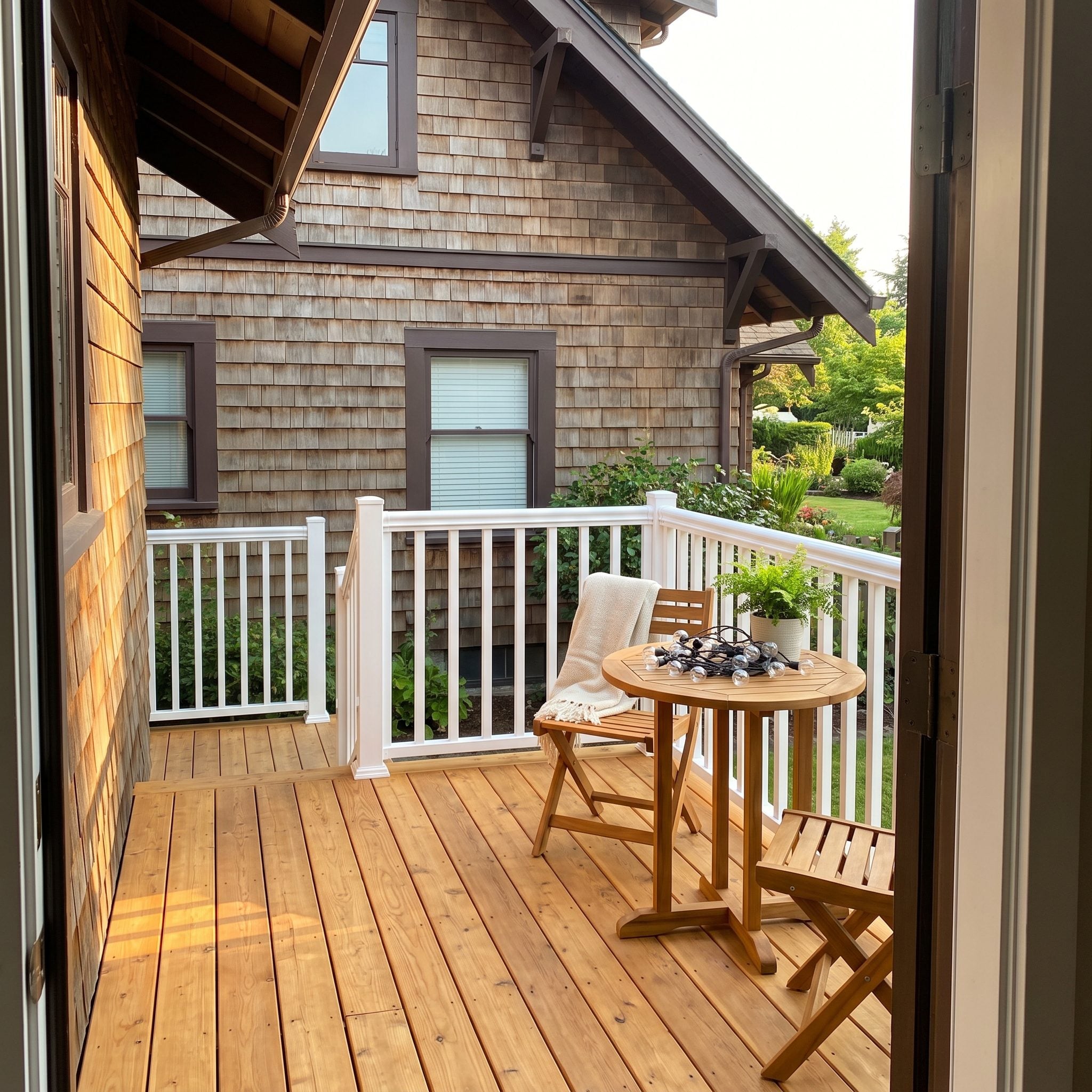 Cedar craftsman deck fitted with a glossy white vinyl railing system that does not match the house.