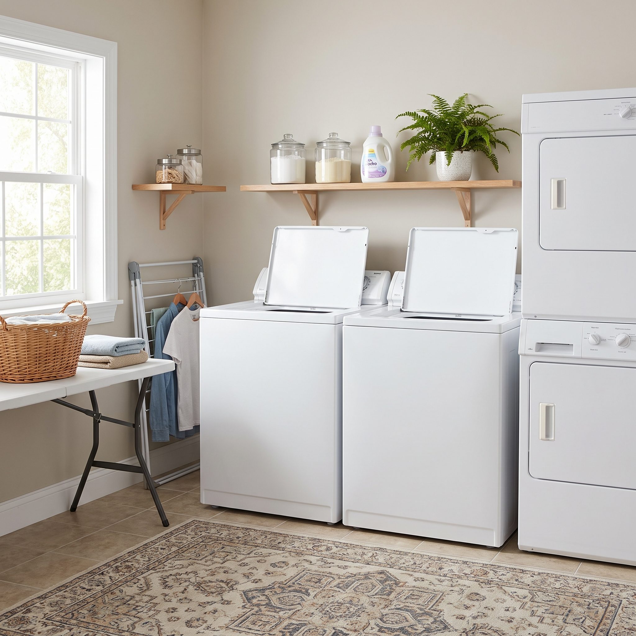 Cream laundry room with top-load machine lids open, blocking any counter or shelf above the machines.