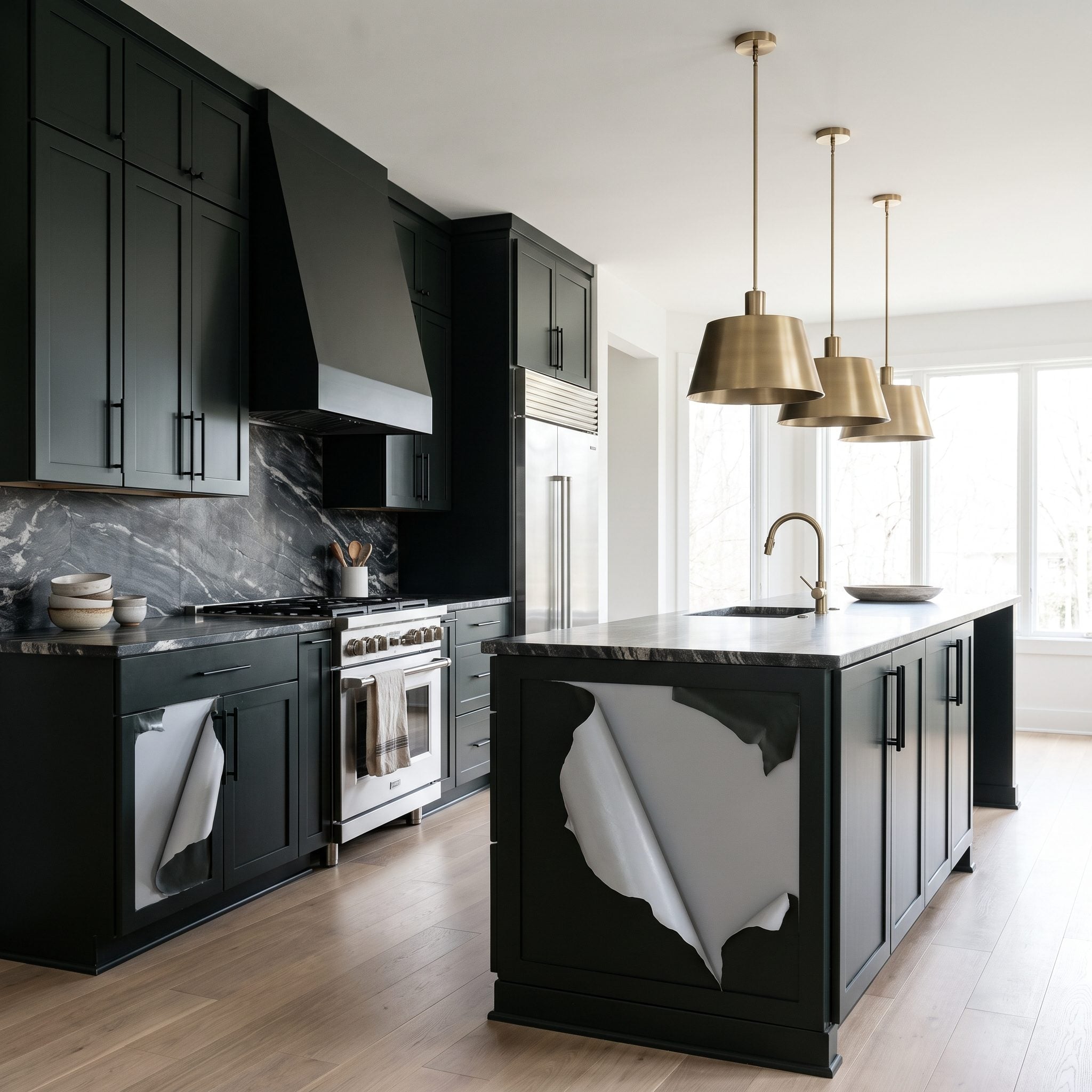Black-green kitchen cabinets with primer lifting and blistering at door corners, exposing smooth laminate beneath.