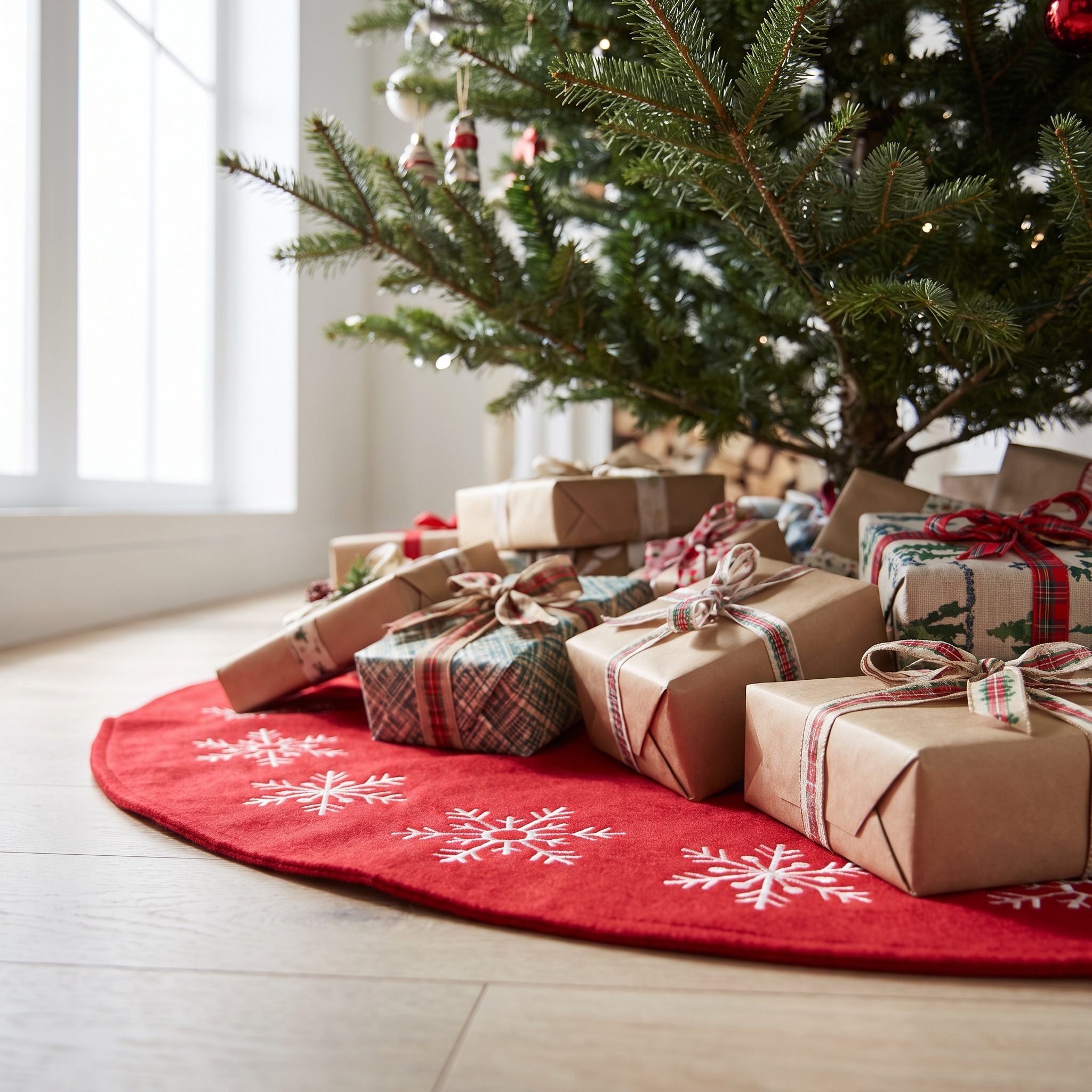 A Christmas Tree Skirt Mostly Hidden Beneath Presents