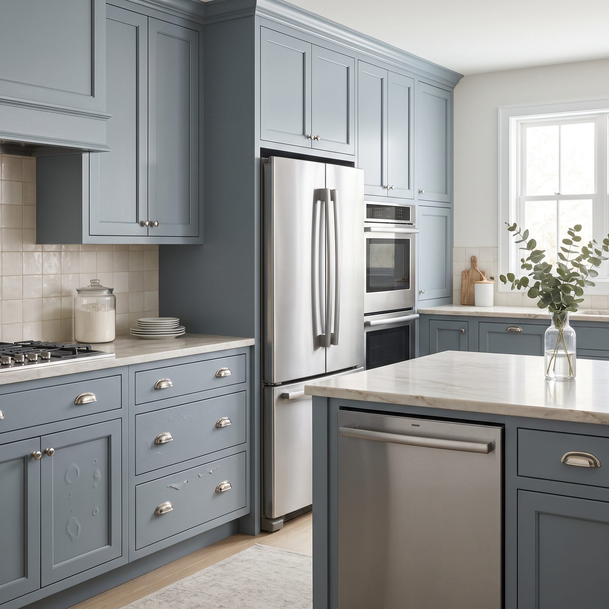 Muted blue-gray cabinets with fisheye craters where paint pulled away from cleaning-product residue.