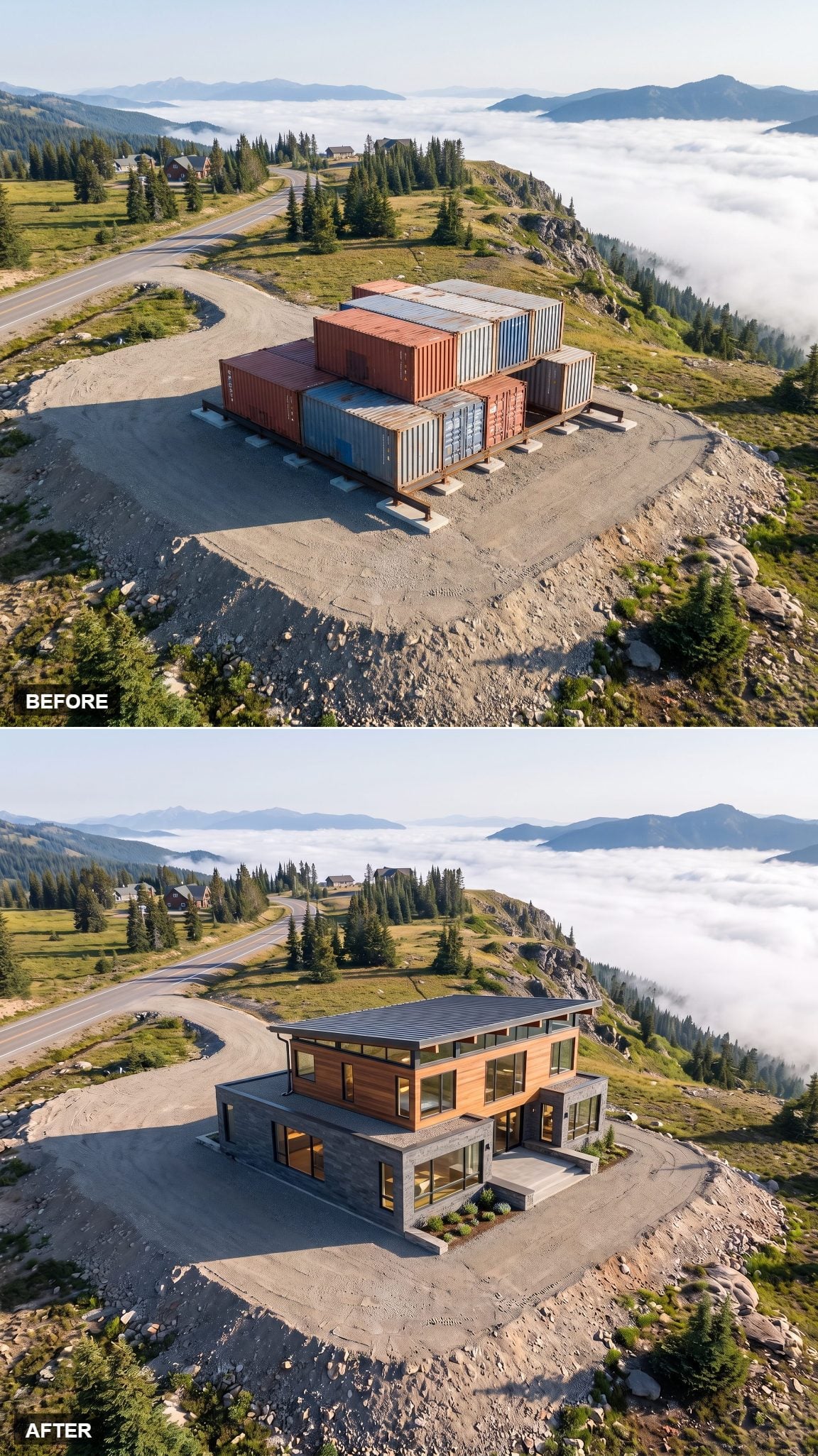 Container mountain house concept with a continuous clerestory window band