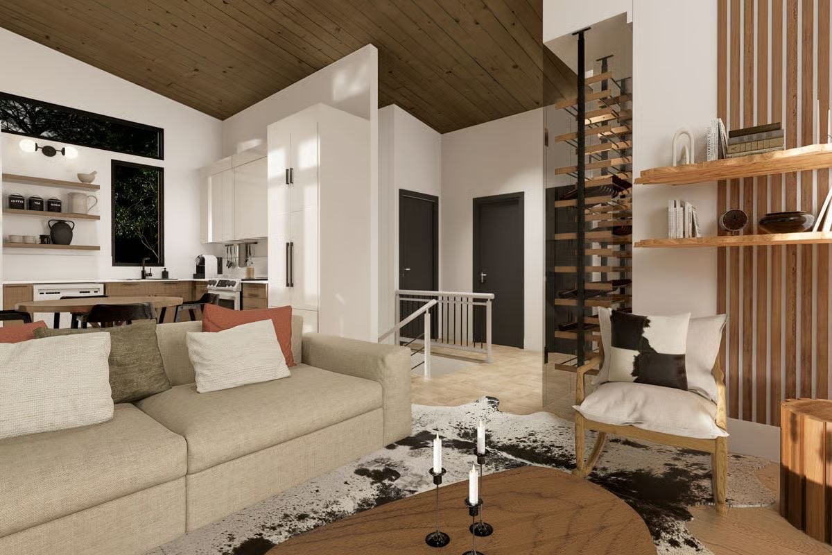 Beige Sofa, Cowhide Rug, and Candle Sticks That Make a Living Room Feel Like a Lodge