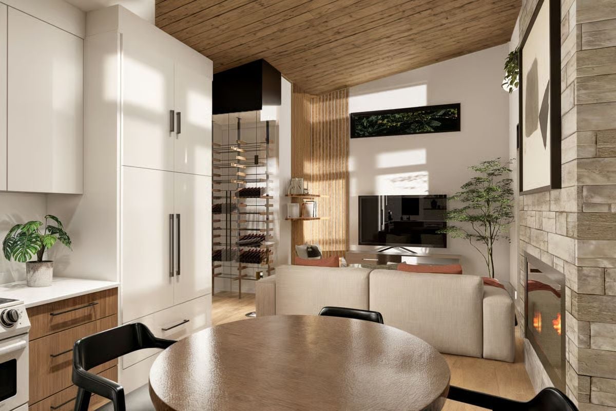 Stone Fireplace, Wine Wall, and Wood Ceiling Walk Into One Room Together