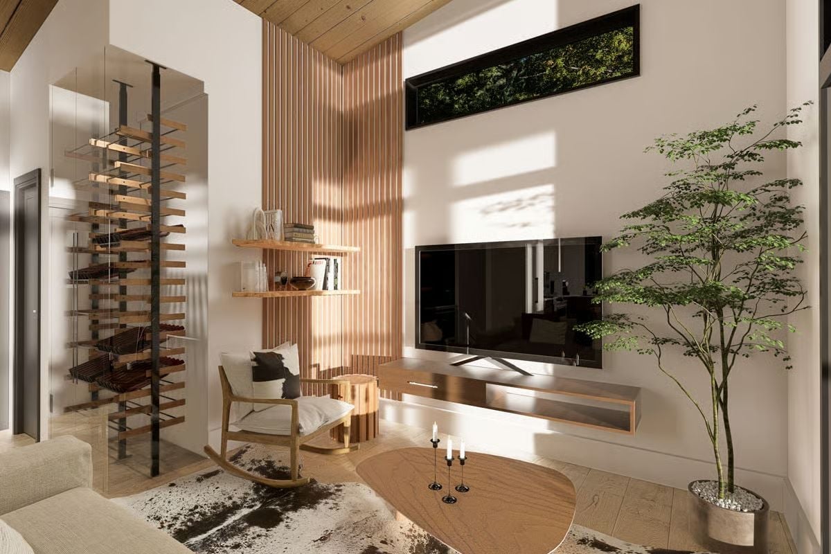 Vertical Wood Slat Wall Turns a TV Nook Into the Whole Room's Focal Point