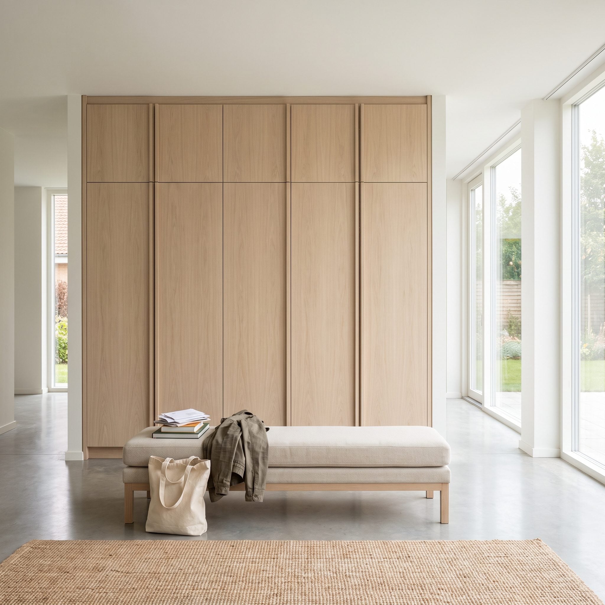 Mudroom of all closed floor-to-ceiling cabinets with jackets on the bench, a backpack, shoes by the door, and a leash on a