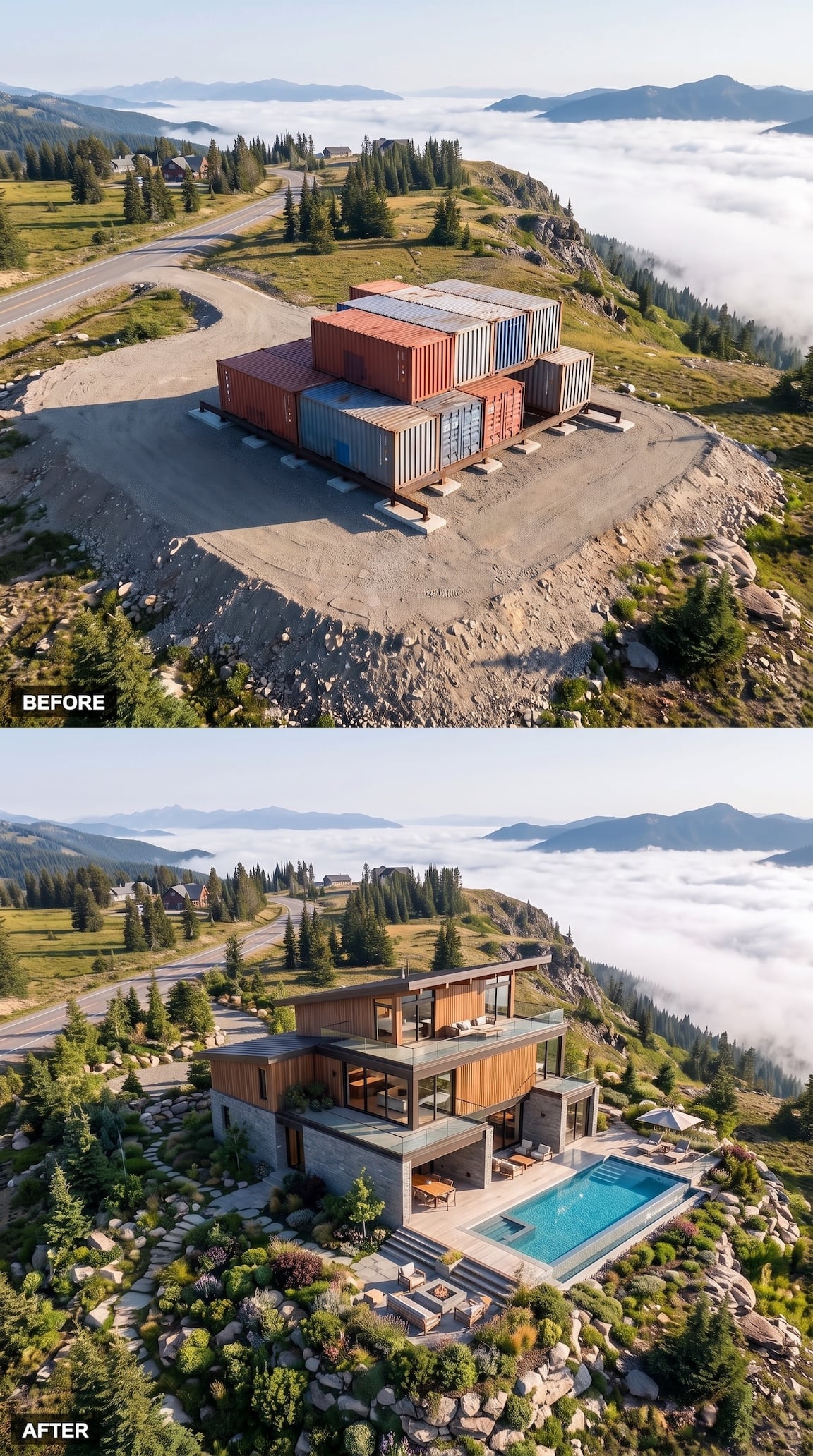 Before and after container house redesigned as a stepped timber and stone mountain home with pool