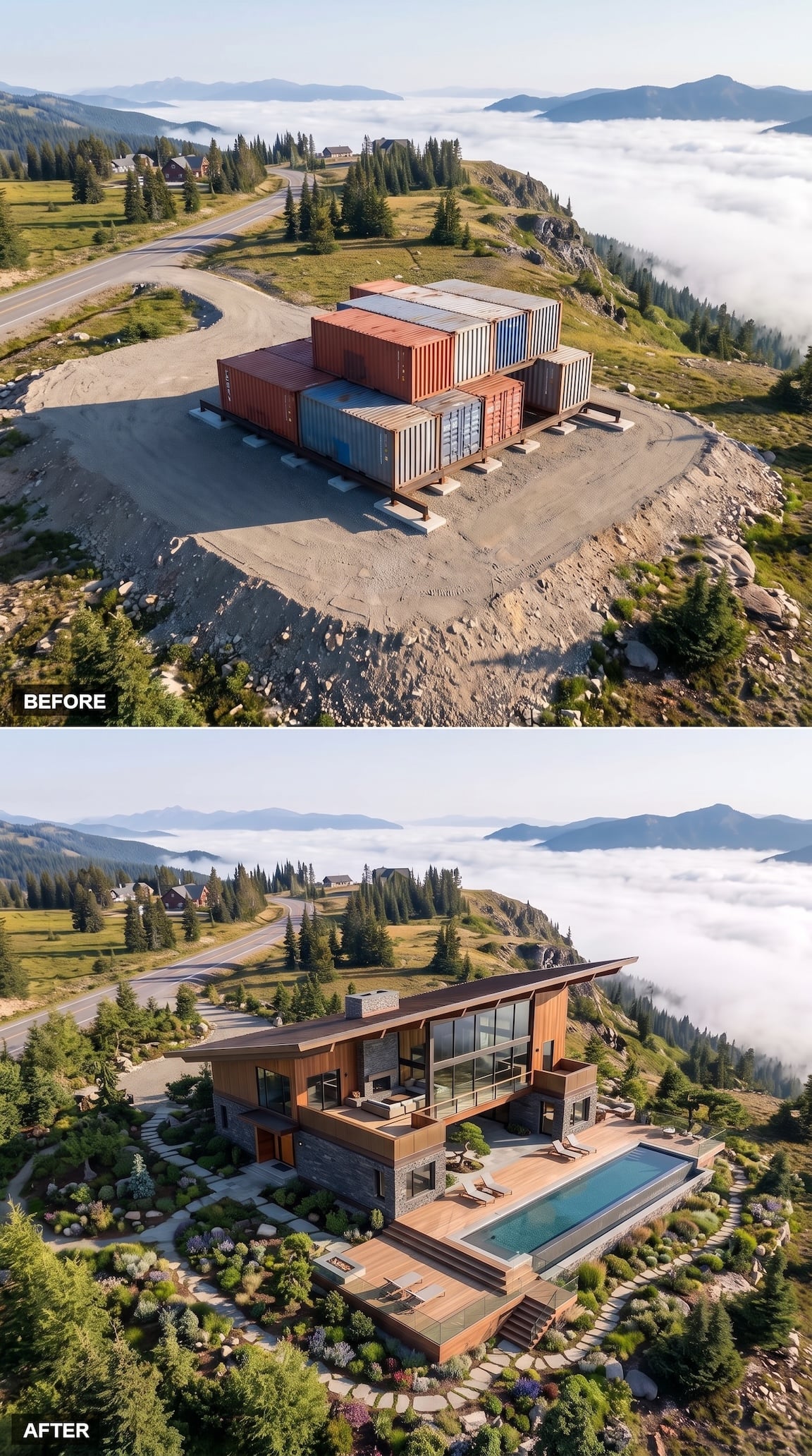 Before and after shipping container house redesigned with a dramatic sloping roof and mountain pool