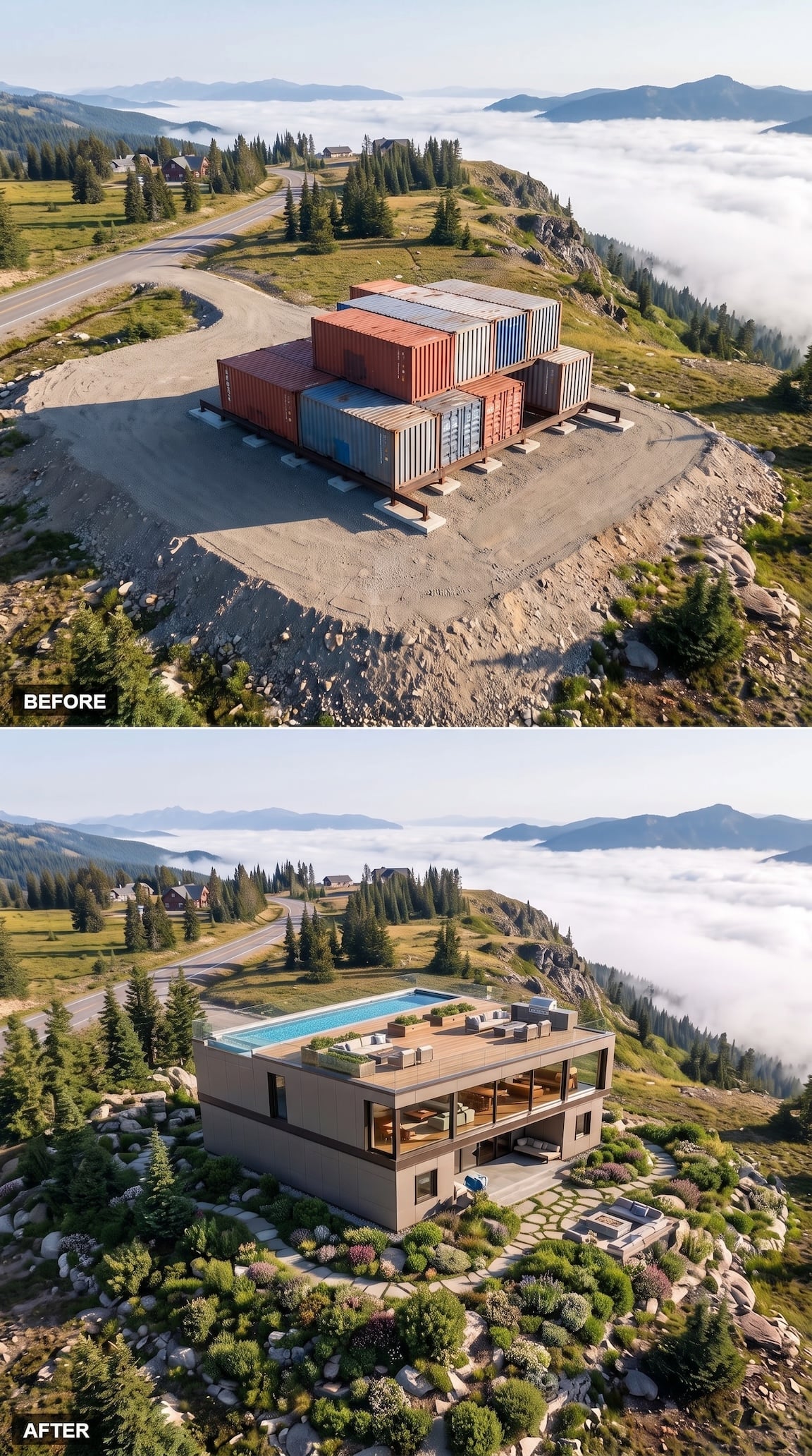 Before and after container house redesigned as a low modern mountain home with roof terrace and pool