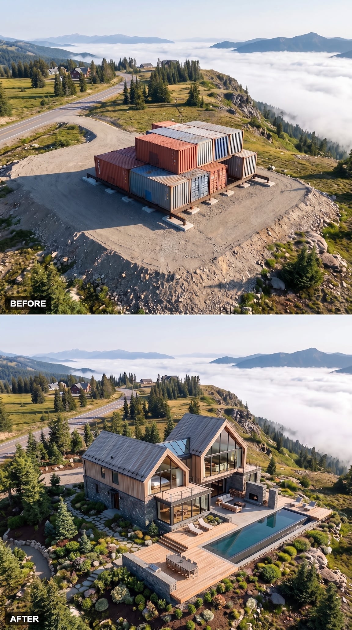 Before and after container house redesigned with twin alpine roof peaks and pool