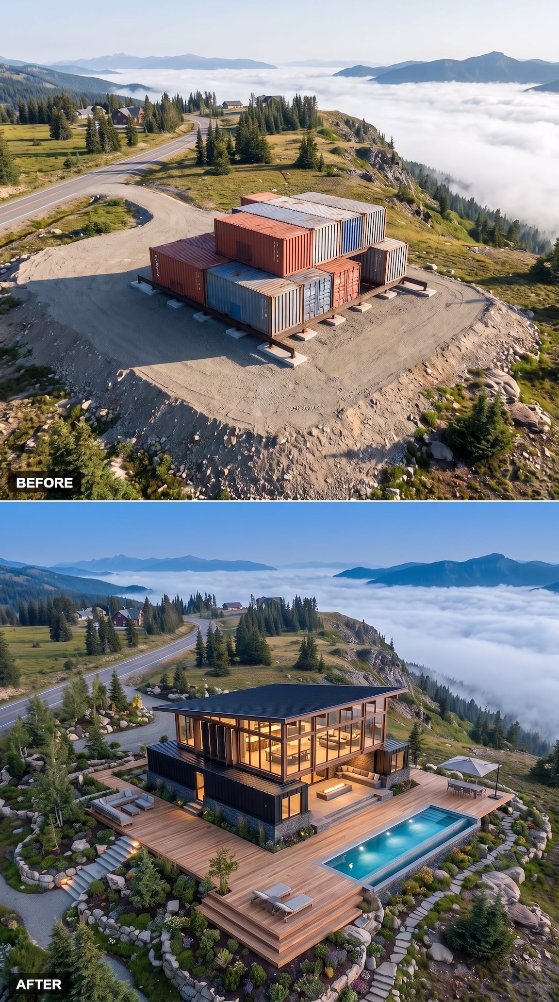Before and after container house redesigned with a glazed upper pavilion and mountain pool