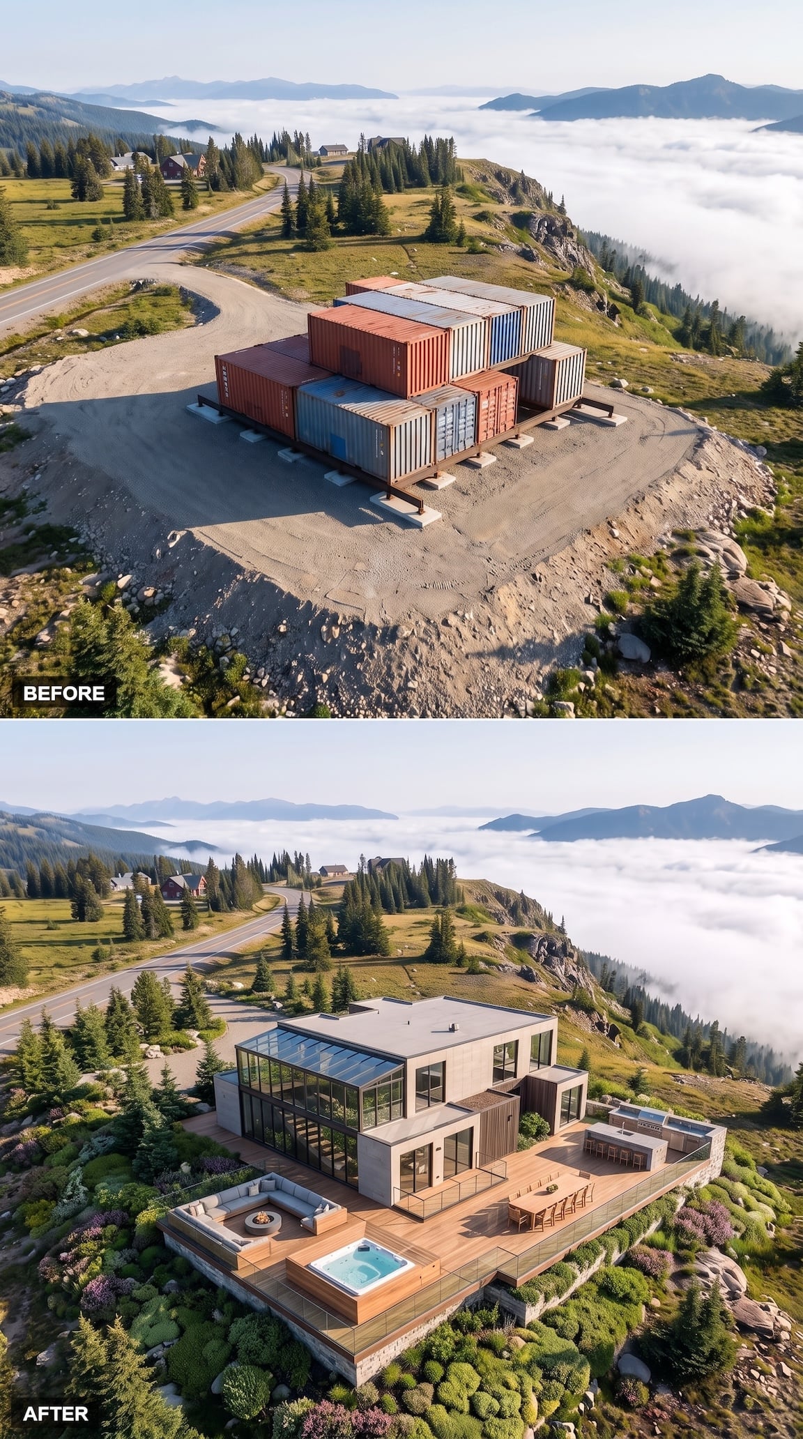 Before and after mountain container house redesigned with a glazed winter garden and terrace