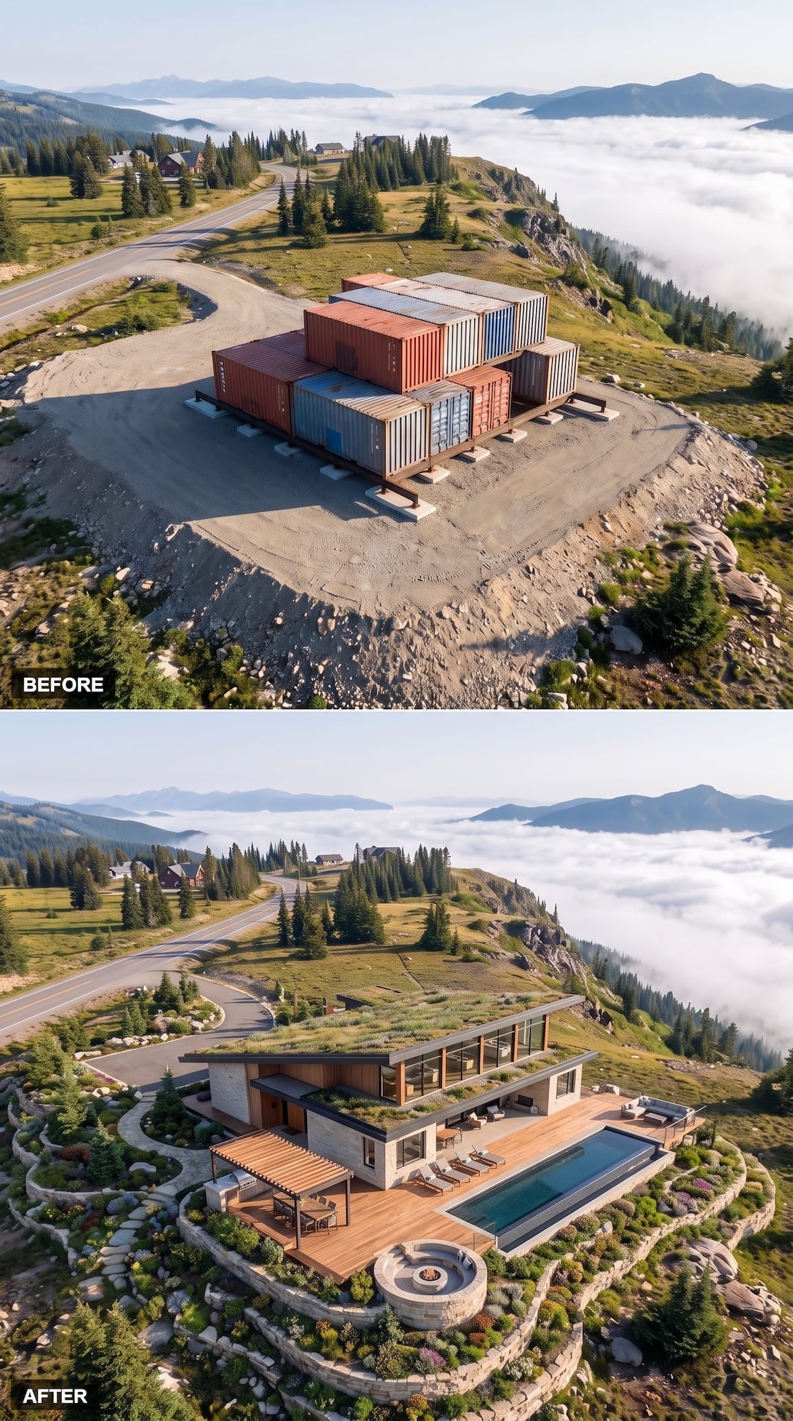 Before and after mountain house with extensive planted roof and terraces
