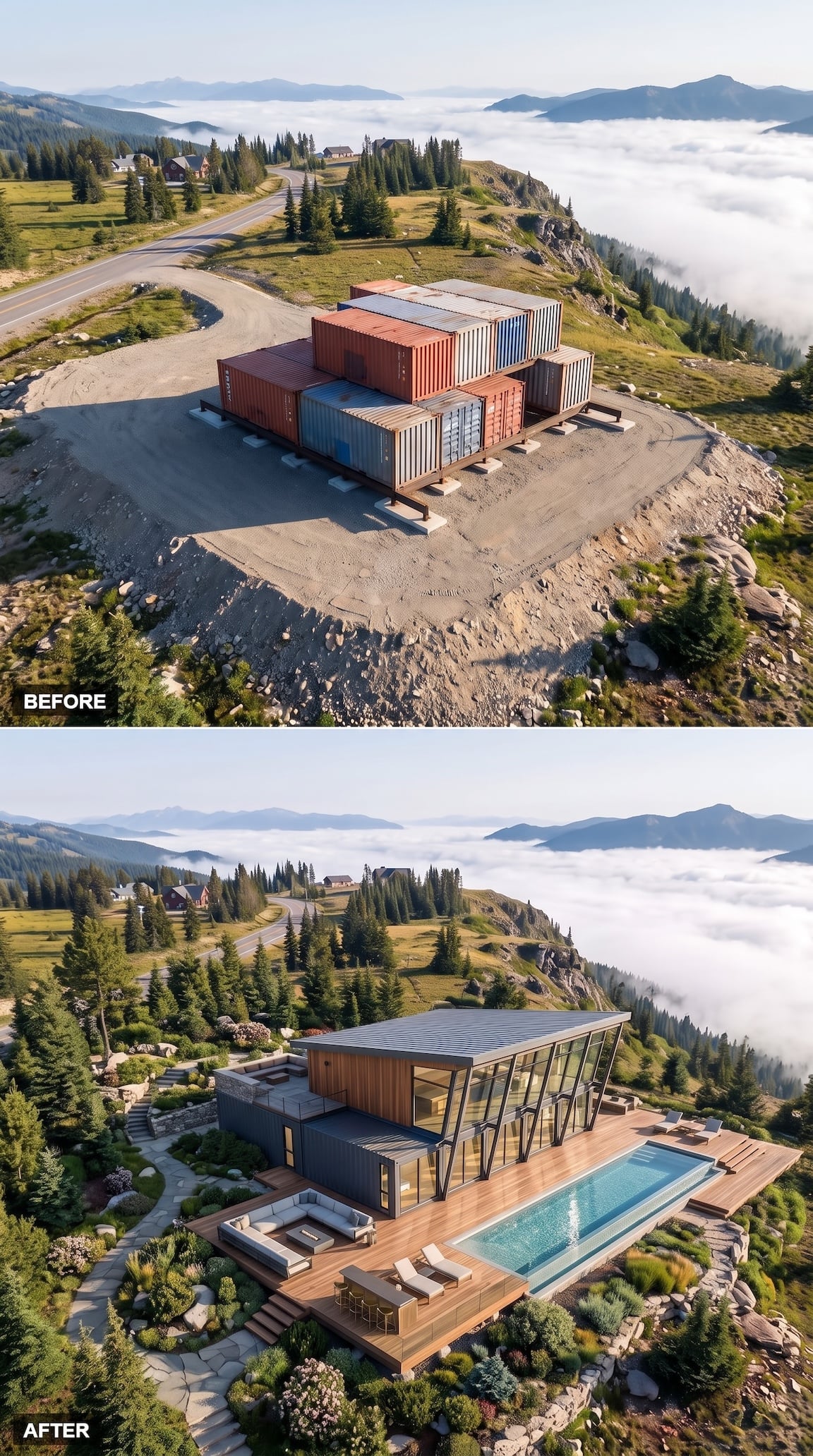 Before and after container house redesigned with inward-sloping glass walls and mountain pool