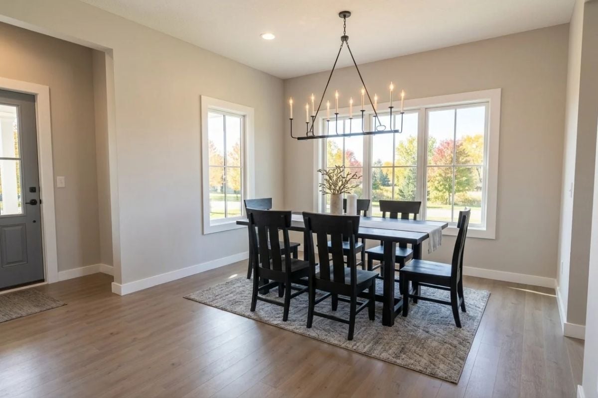 Candle-Style Chandelier Anchors a Dining Room Built for Natural Light