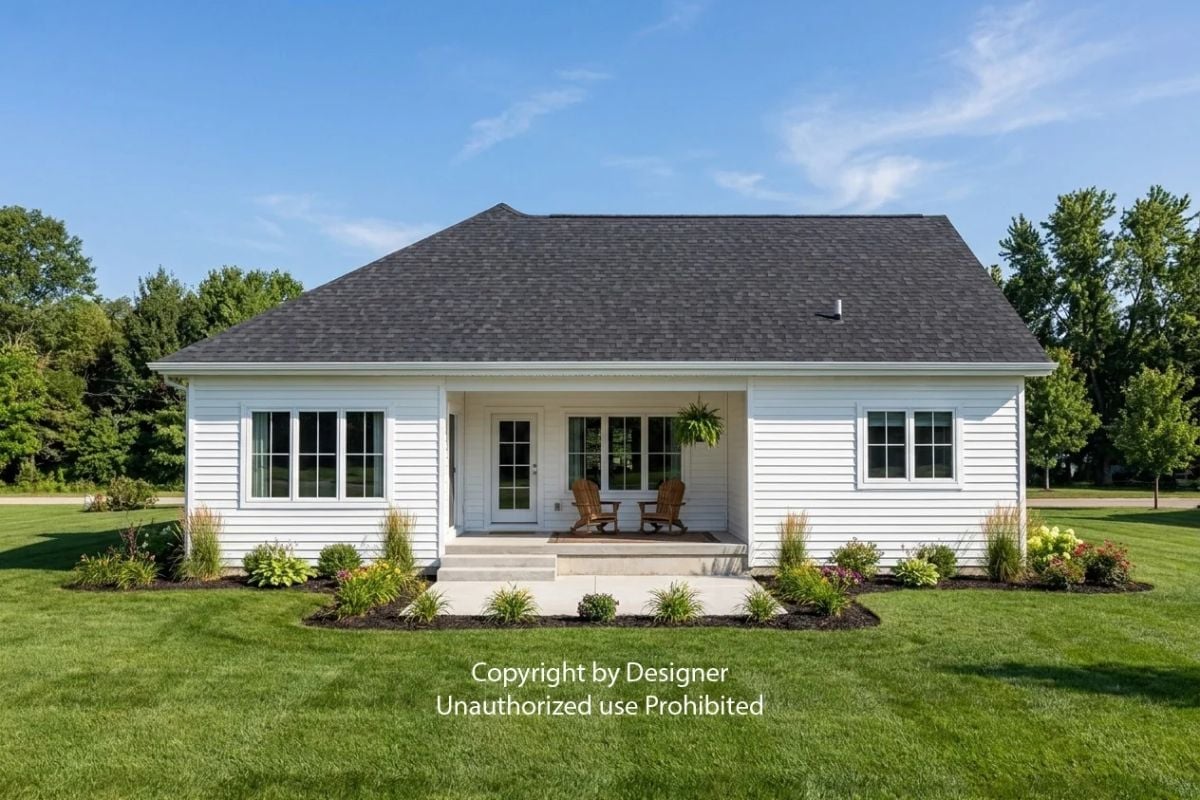 Covered Porch Flanked by Adirondack Chairs and a Hanging Fern