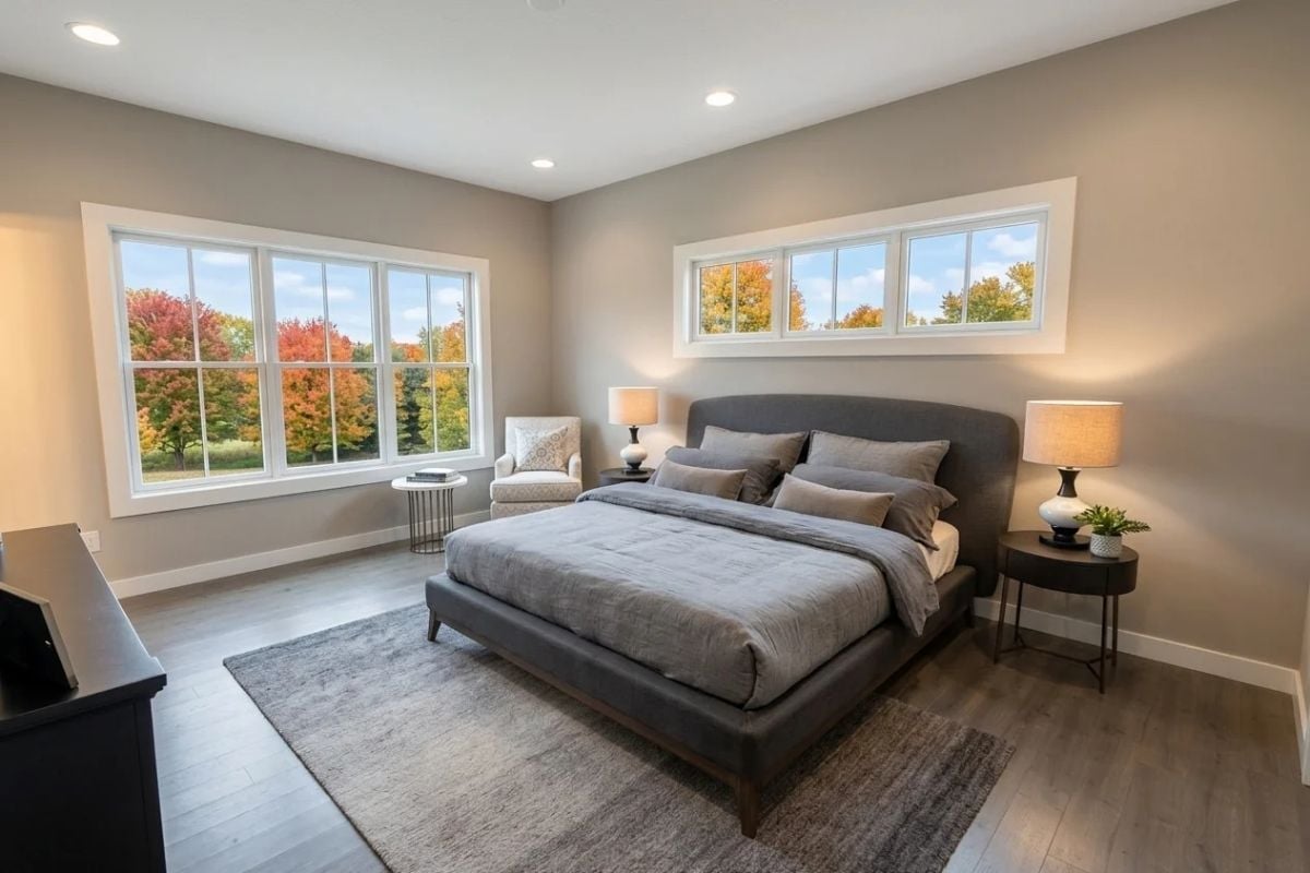 Gray Velvet Bedding and Autumn Trees Outside Make a Case for Keeping Things Simple